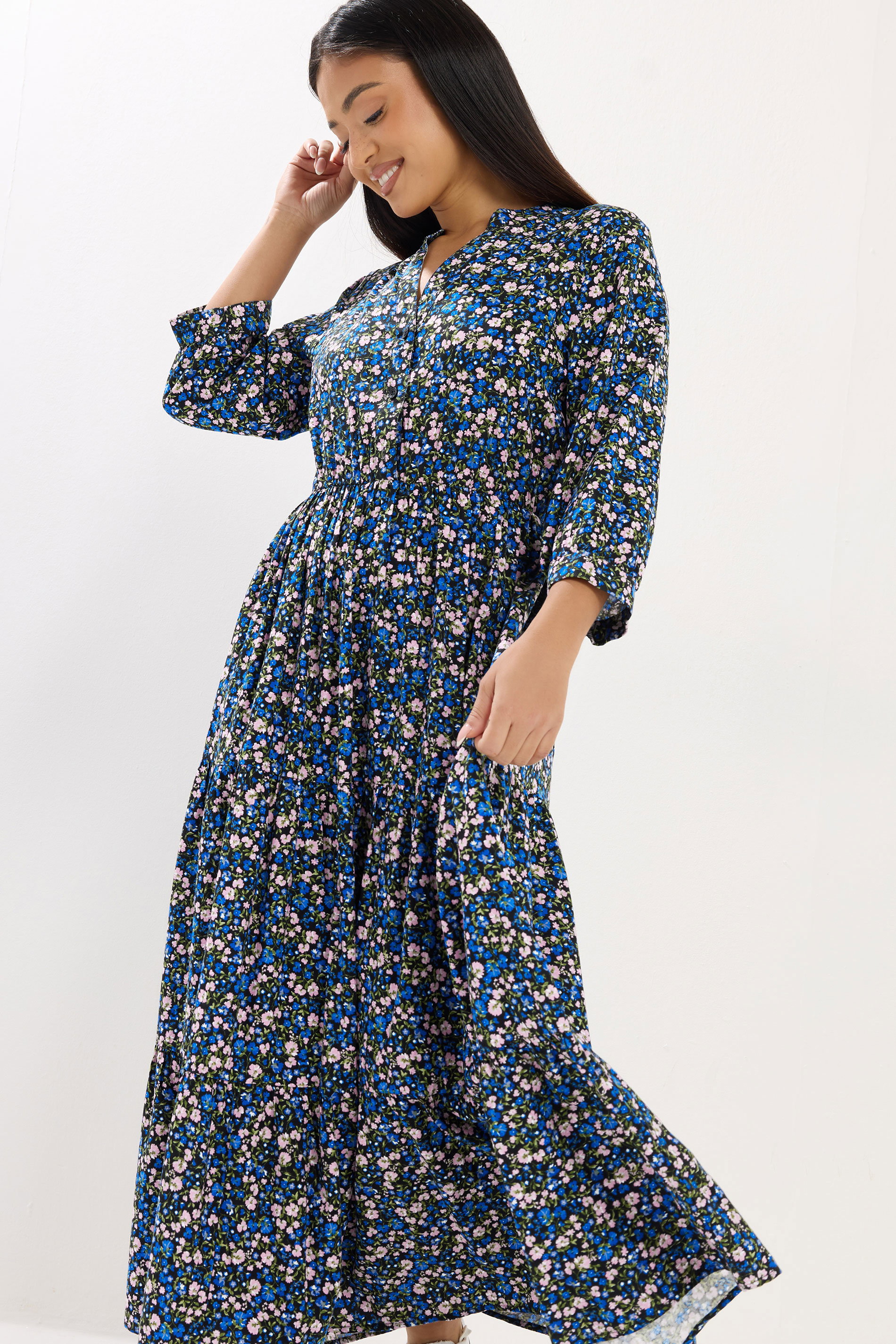 M&Co Petite Women's Blue Ditsy Floral Tiered Maxi Dress | M&Co 2