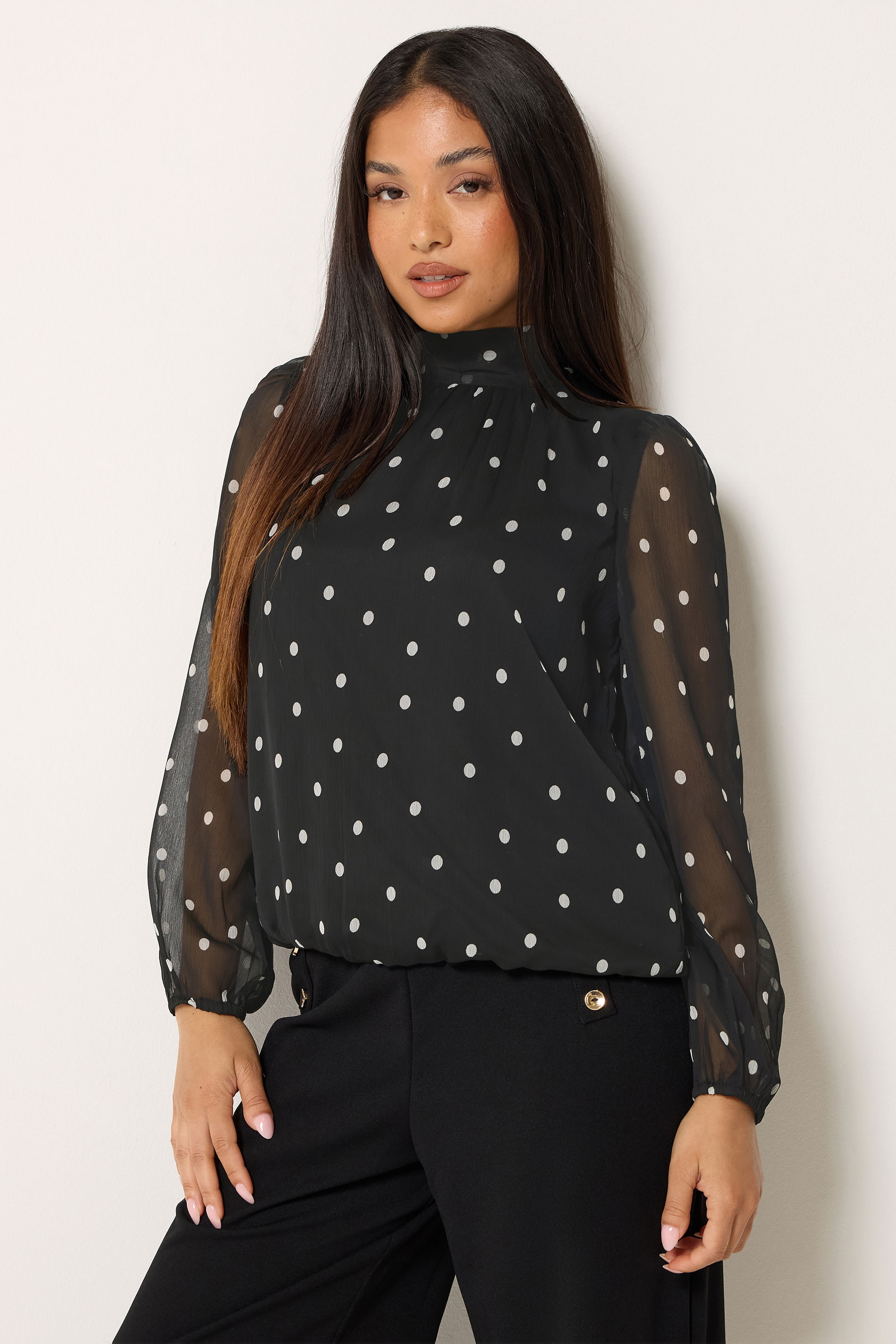 M&Co Petite Black Spot Print Tie Neck Chiffon Blouse | M&Co 3