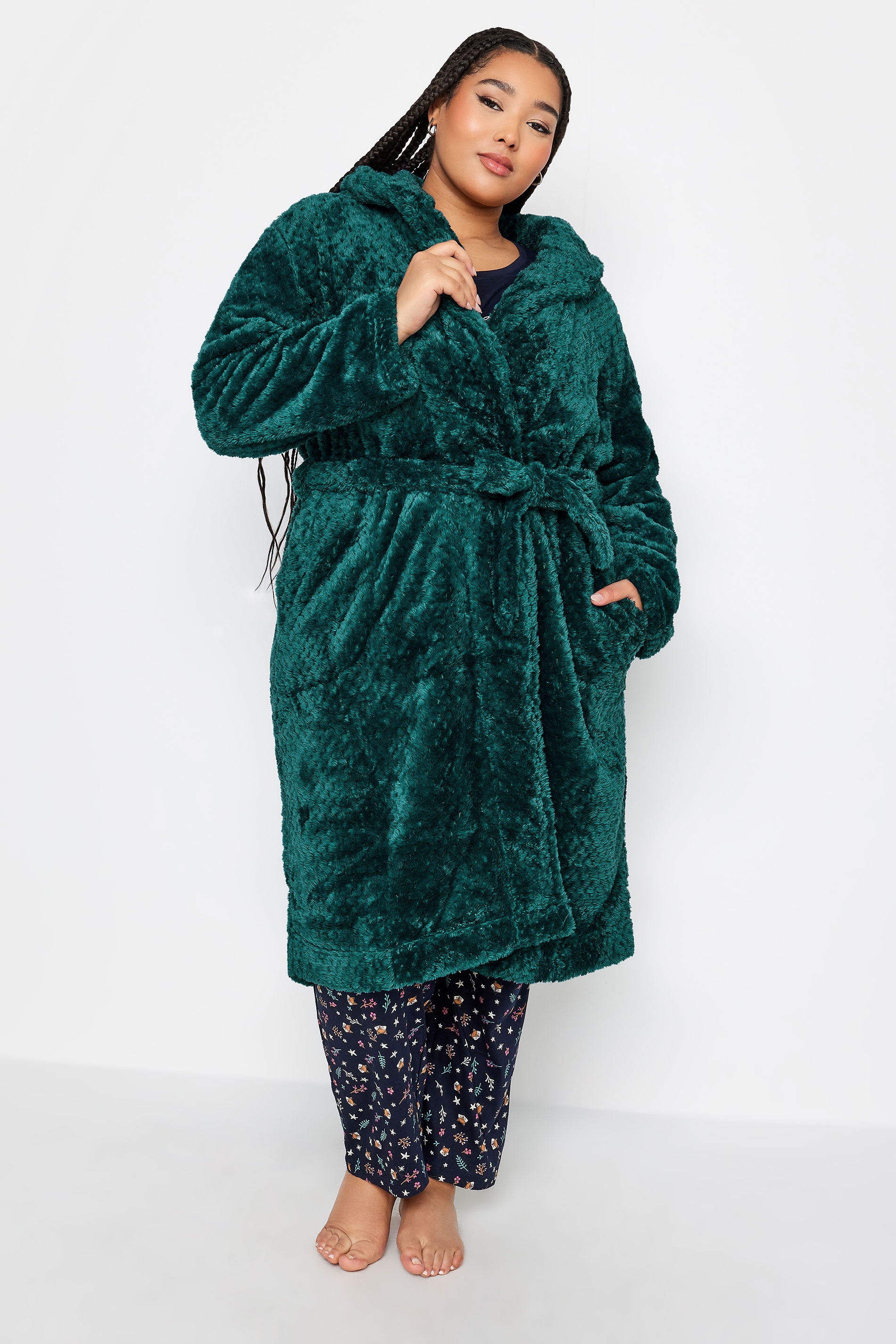 YOURS Plus Size Emerald Green Waffle Fleece Hooded Dressing Gown | Yours Clothing 1