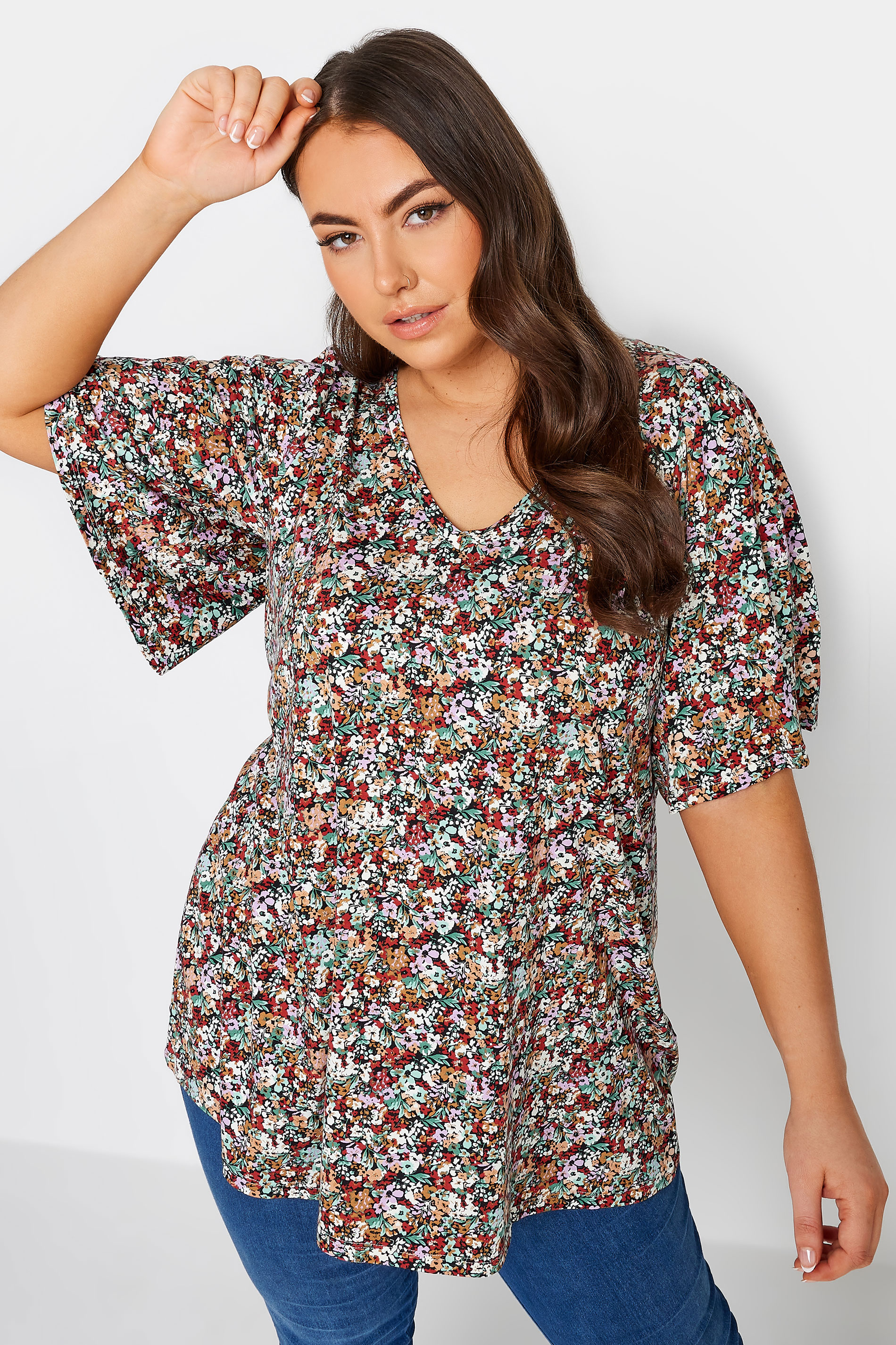 YOURS Plus Size Red & Green Floral Print Angel Sleeve Top | Yours Clothing 1