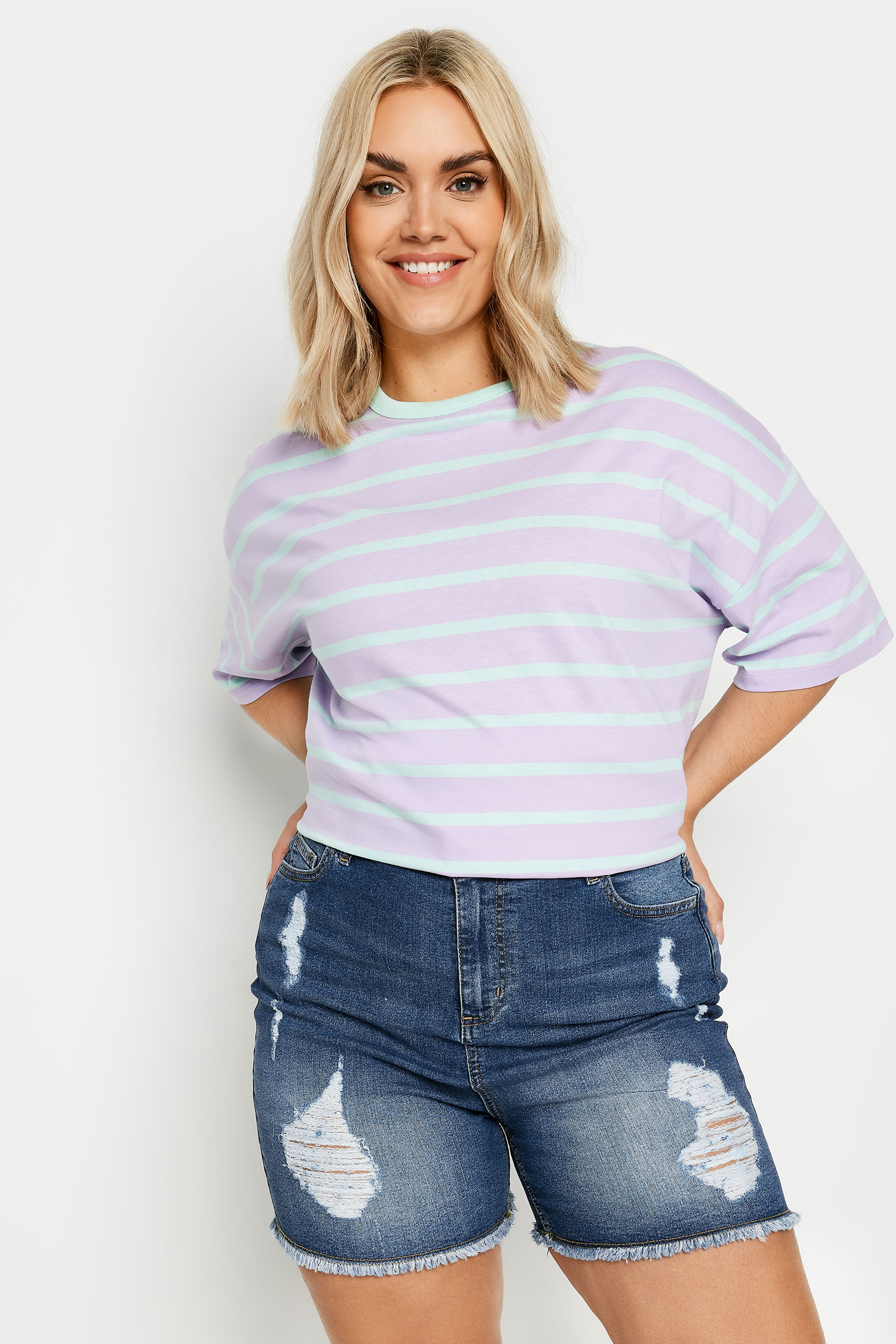 YOURS Plus Size Blue Ripped Stretch Denim Shorts | Yours Clothing 1