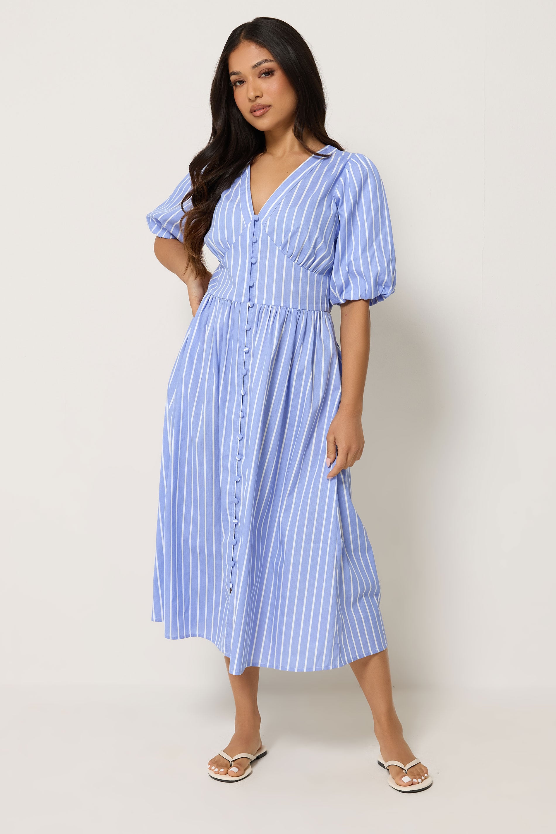 PixieGirl Petite Women's Blue Stripe Button Midi Dress | PixieGirl  3