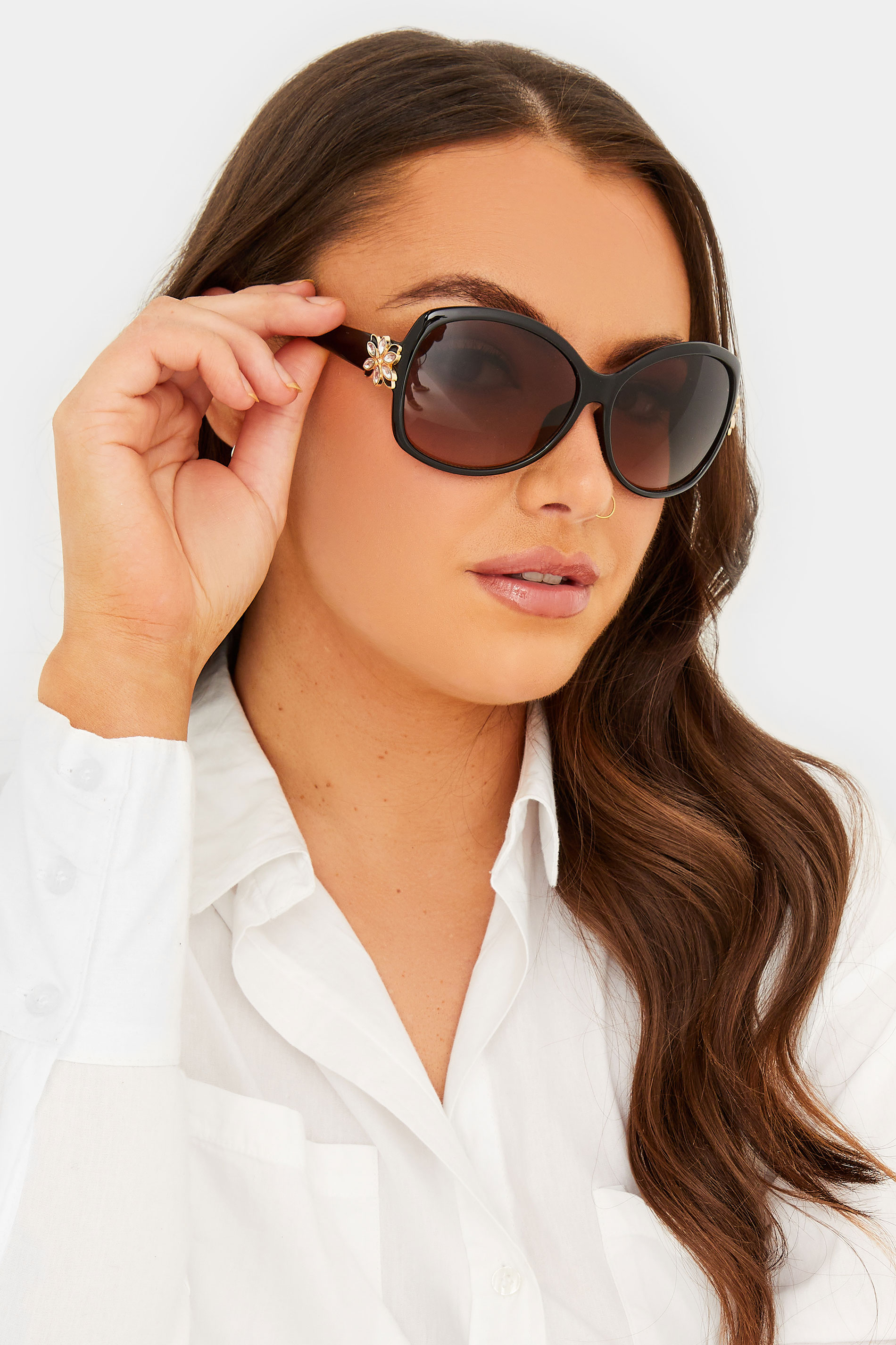 Black Oversized Floral Detail Sunglasses | Yours Clothing 1