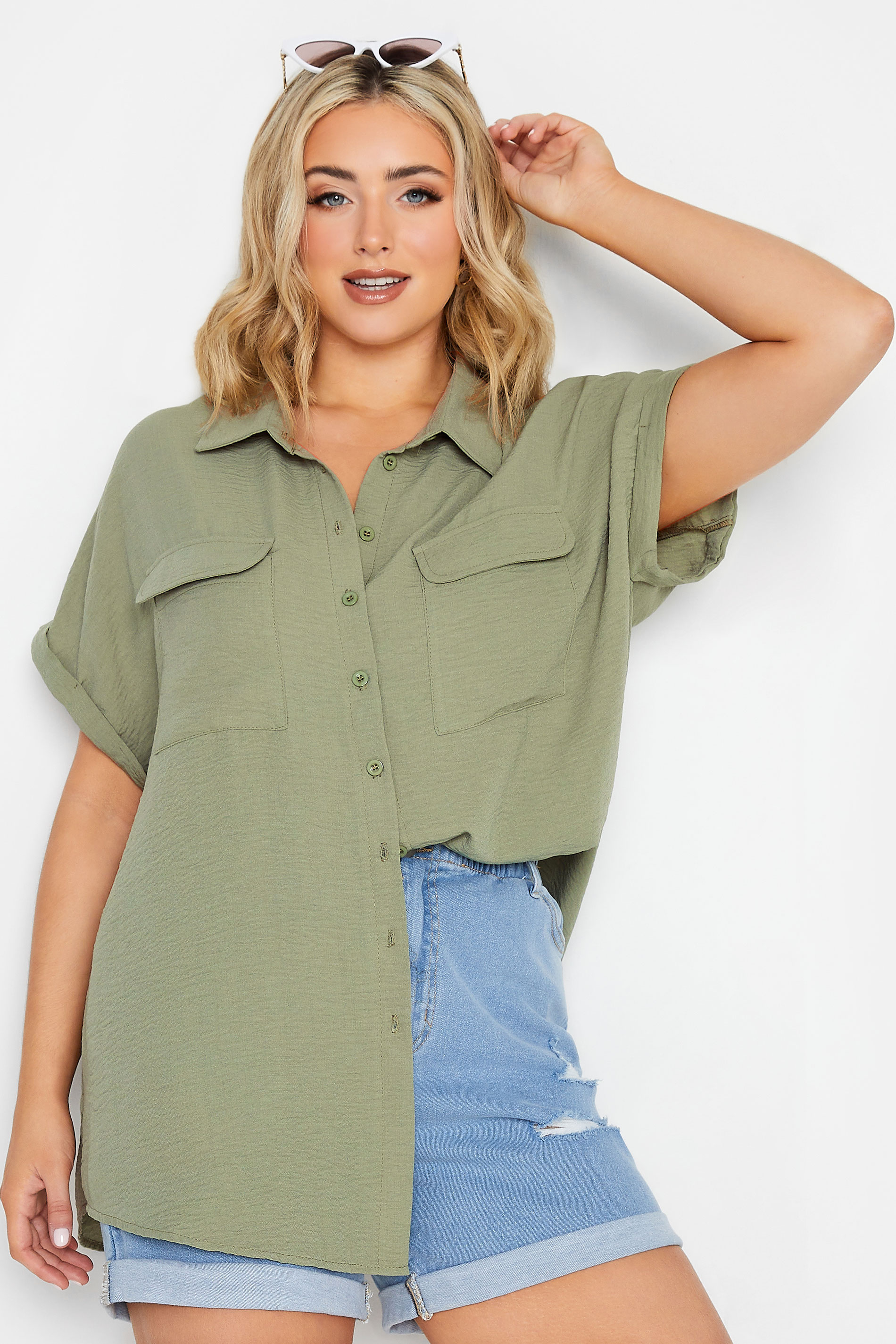 YOURS Curve Plus Size Sage Green Utility Short Sleeve Shirt | Yours Clothing  1
