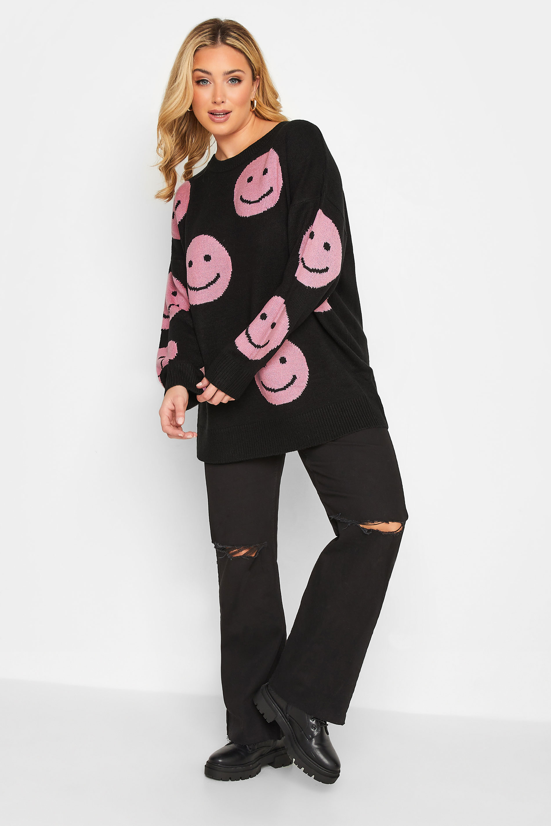 Plus Size Black Smile Jacquard Knitted Jumper | Yours Clothing 2