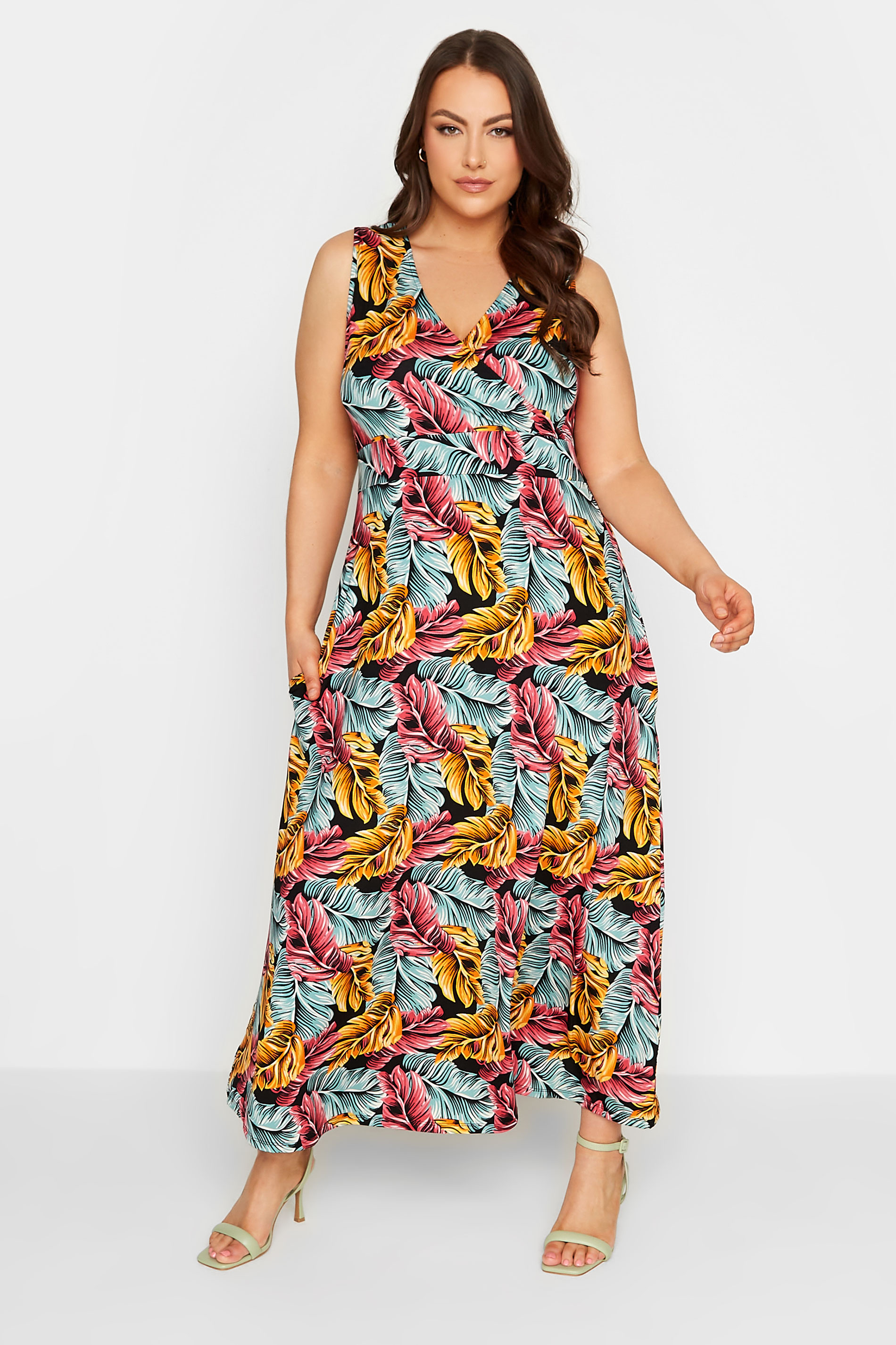 YOURS Plus Size Black Tropical Leaf Print Wrap Maxi Dress | Yours Clothing 2