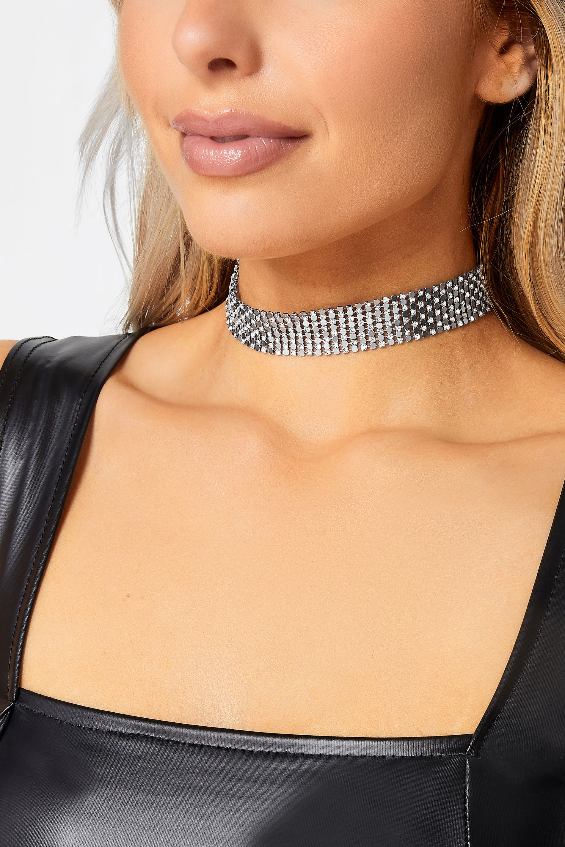 Silver Chain Mail Diamante Choker Necklace | Yours Clothing 1