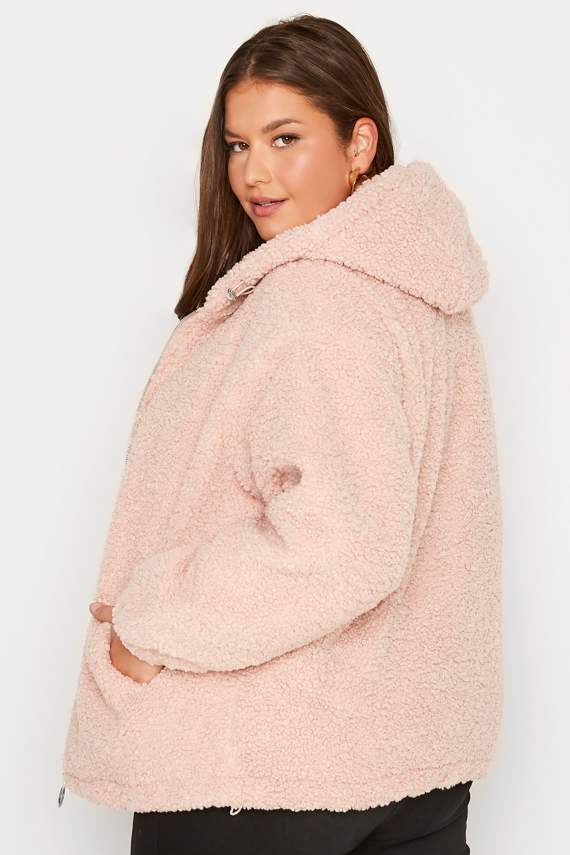 Plus Size Pink Teddy Hooded Jacket | Yours Clothing 3