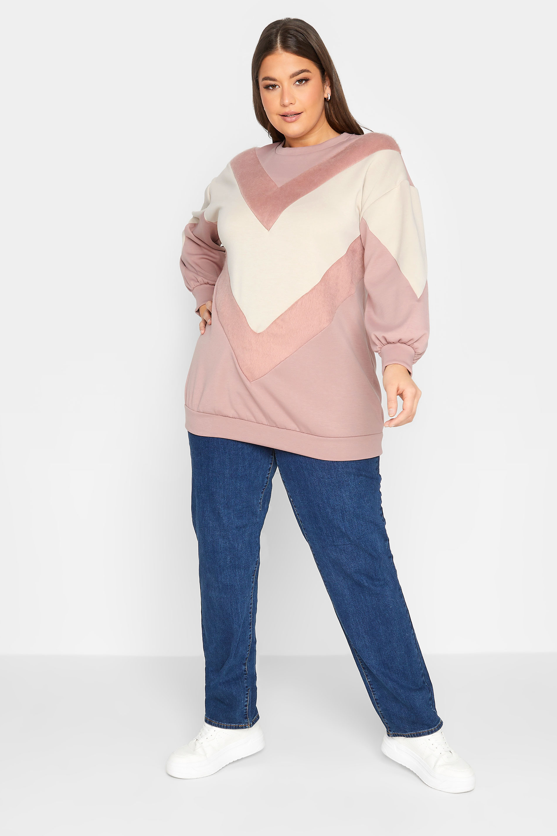 YOURS LUXURY Plus Size Pink Faux Fur Chevron Sweatshirt | Yours Clothing 3