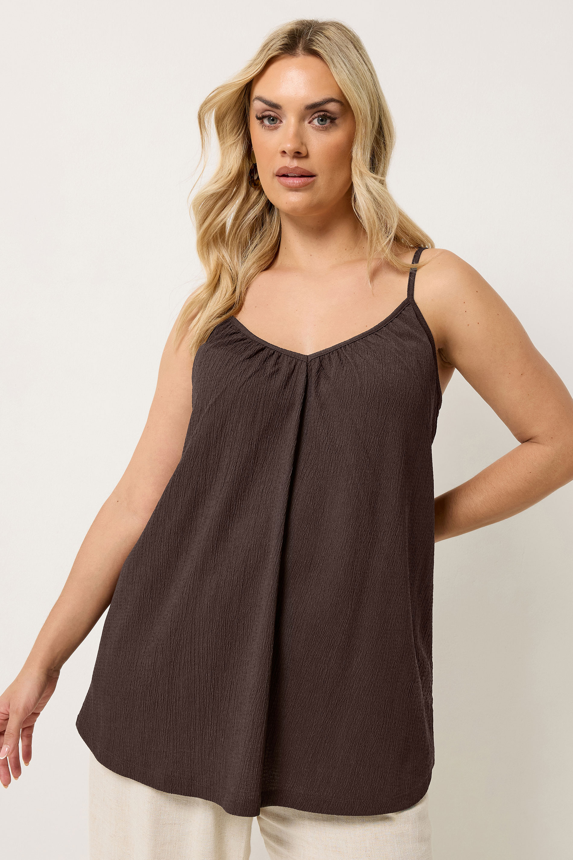 YOURS Plus Size Chocolate Brown Gathered Textured Cami | Yours Clothing 3