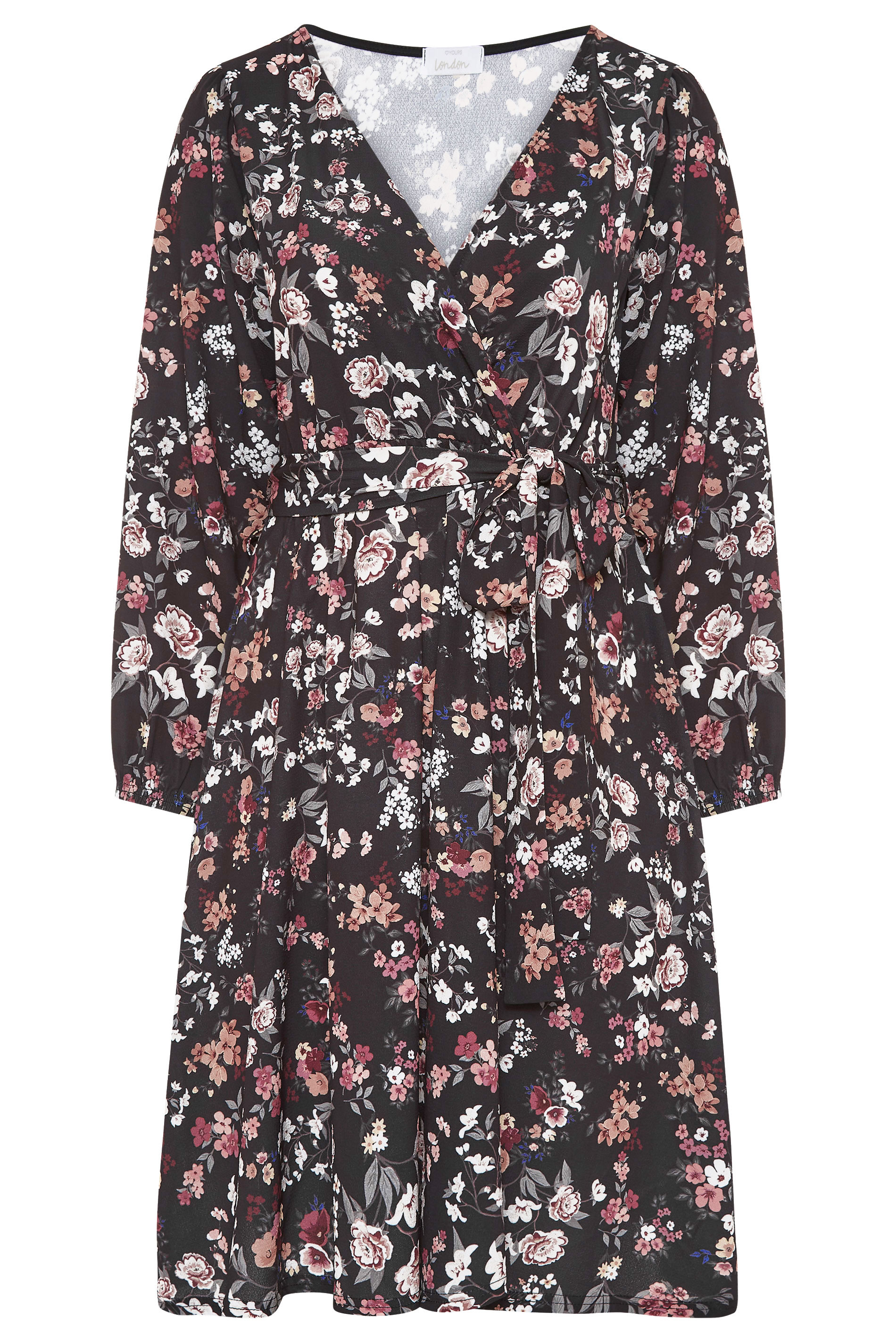 Robes Grande Taille Grande taille  Robes Portefeuilles | YOURS LONDON - Robe Noire Floral Midi Cache-Coeur - MF63204