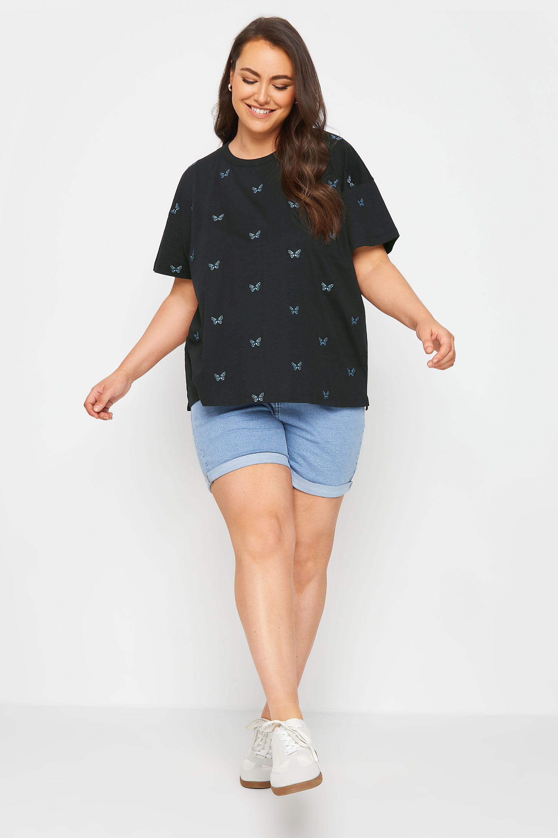 LIMITED COLLECTION Plus Size Black Embroidered Butterfly T-Shirt | Yours Clothing 2