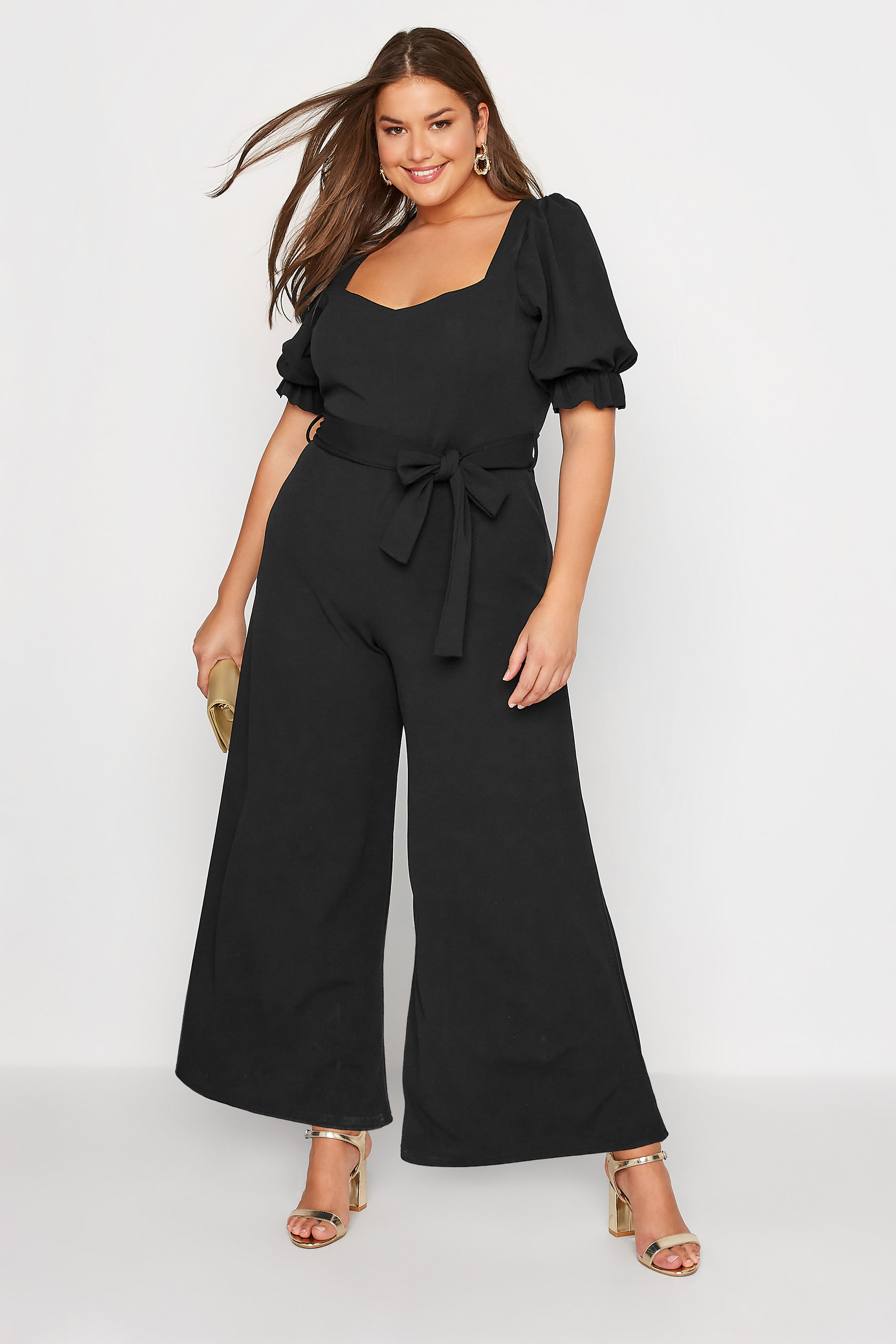 YOURS LONDON Plus Size Black Sweetheart Puff Sleeve Jumpsuit | Yours Clothing 1