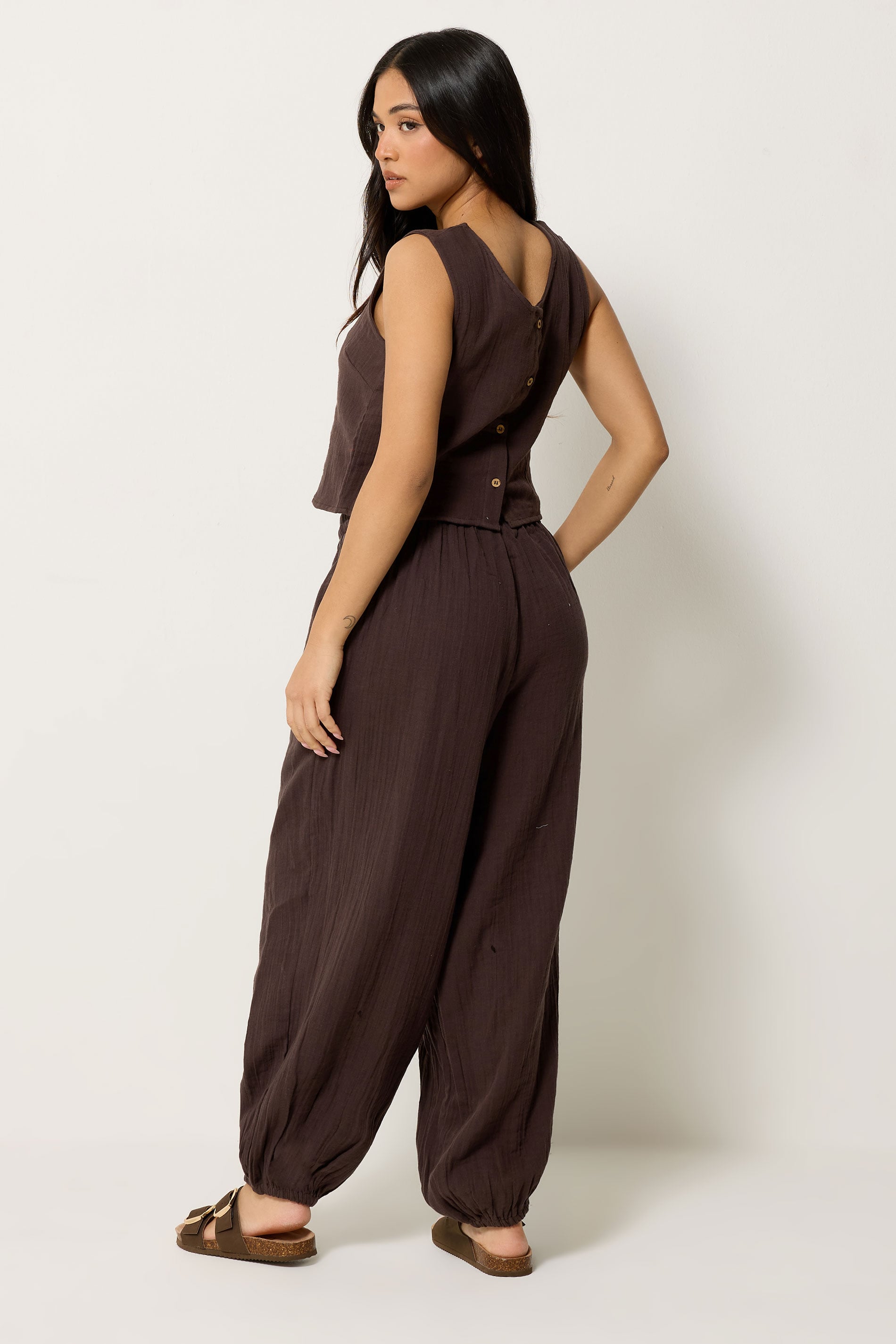 PixieGirl Petite Women's Set Chocolate Brown Cotton Cheesecloth Top & Balloon Trousers | PixieGirl 2