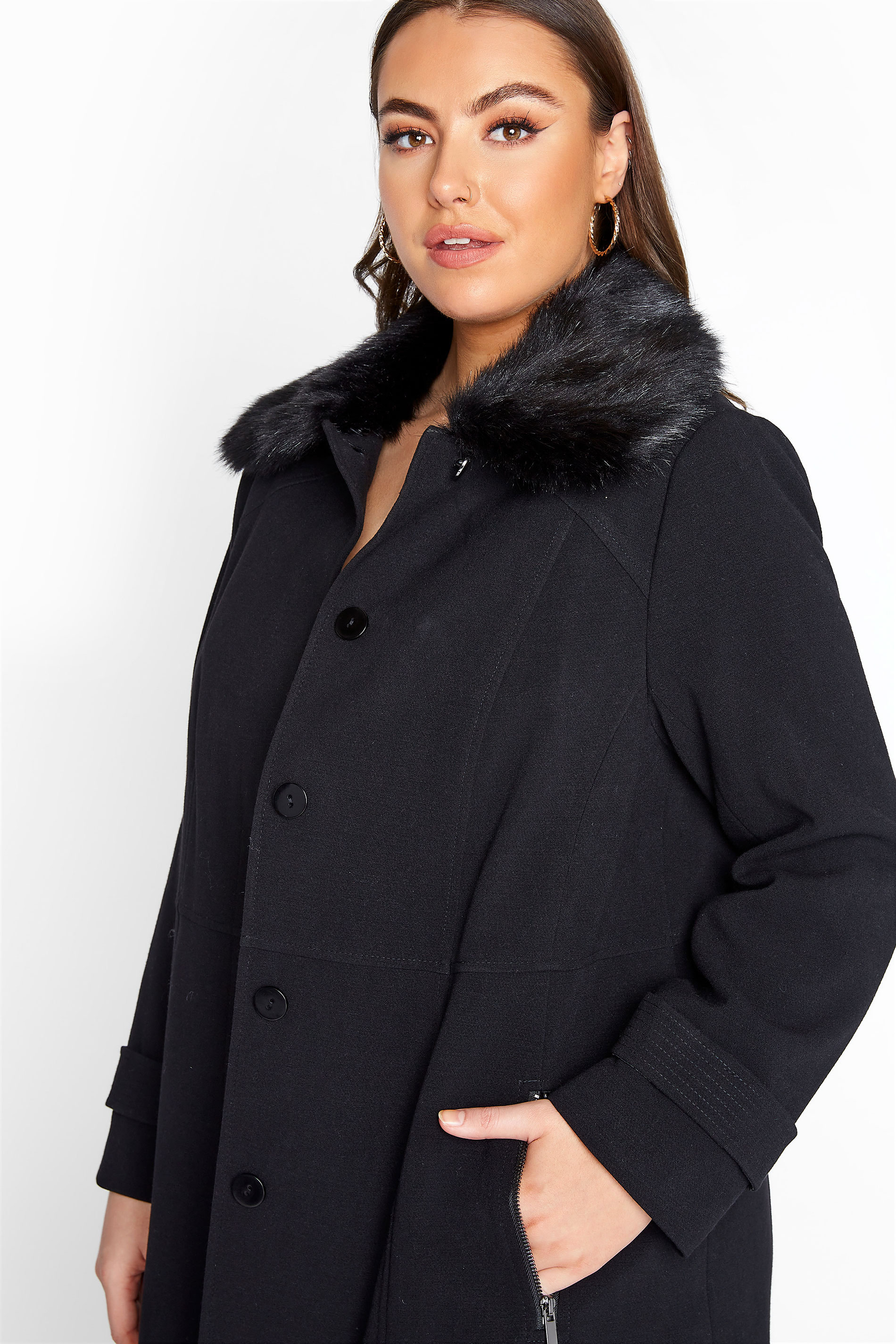Black Faux Fur Collar Coat | Yours Clothing