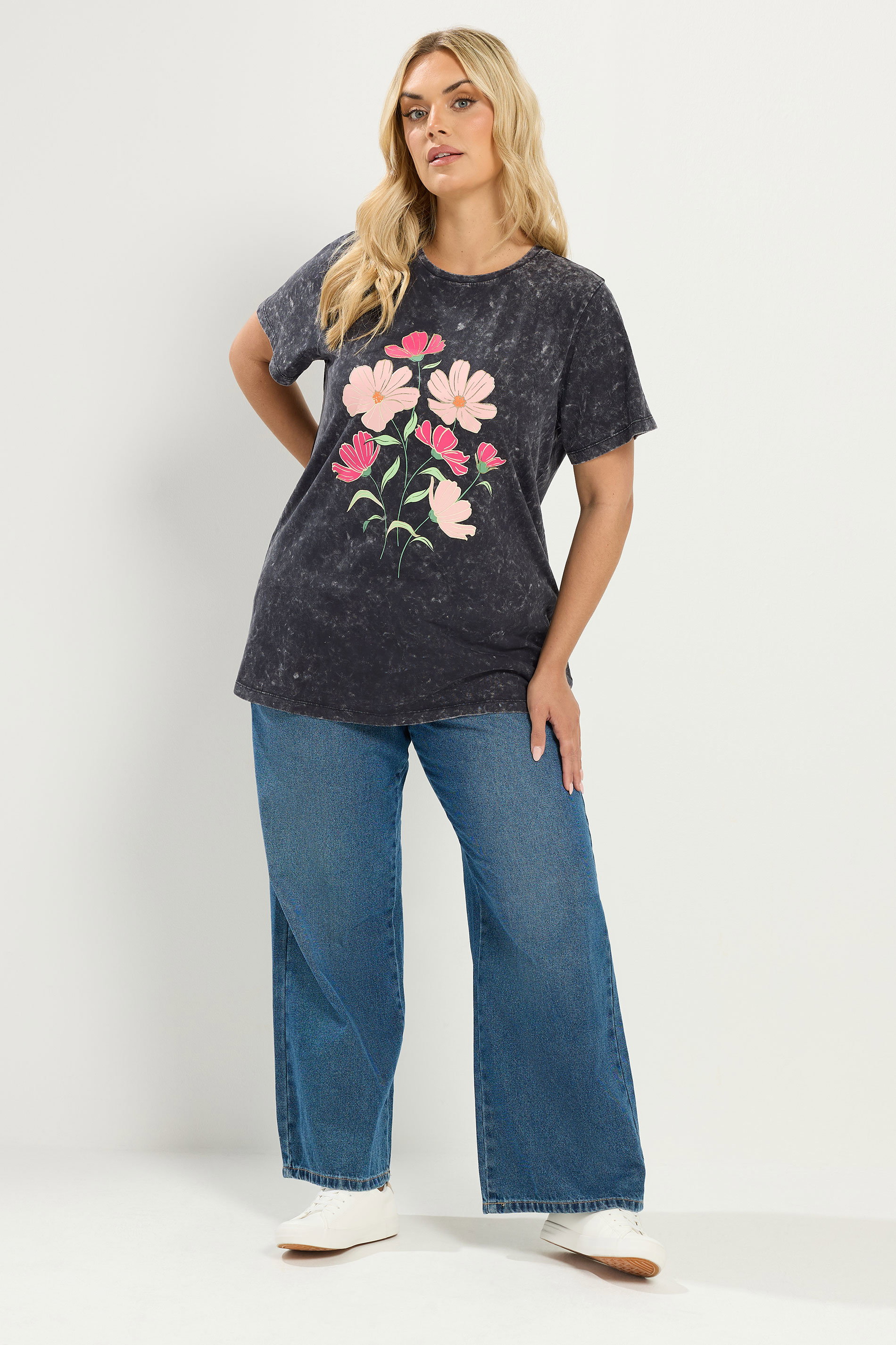 YOURS Plus Size Grey Acid Wash Flower T-Shirt | Yours Clothing 1