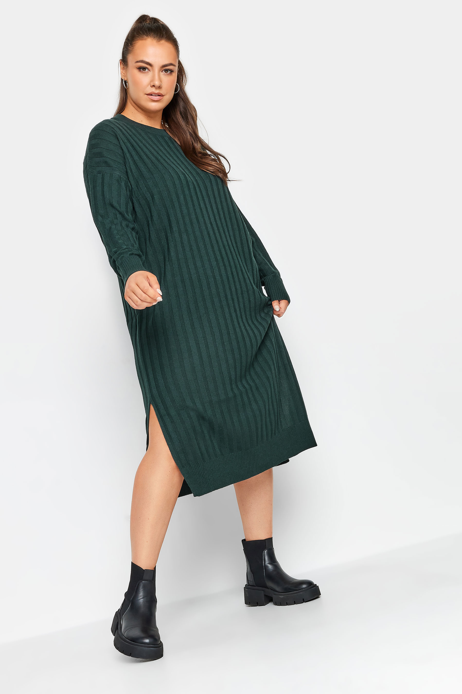 YOURS Curve Green Ribbed Midi Knitted Jumper Dress 2