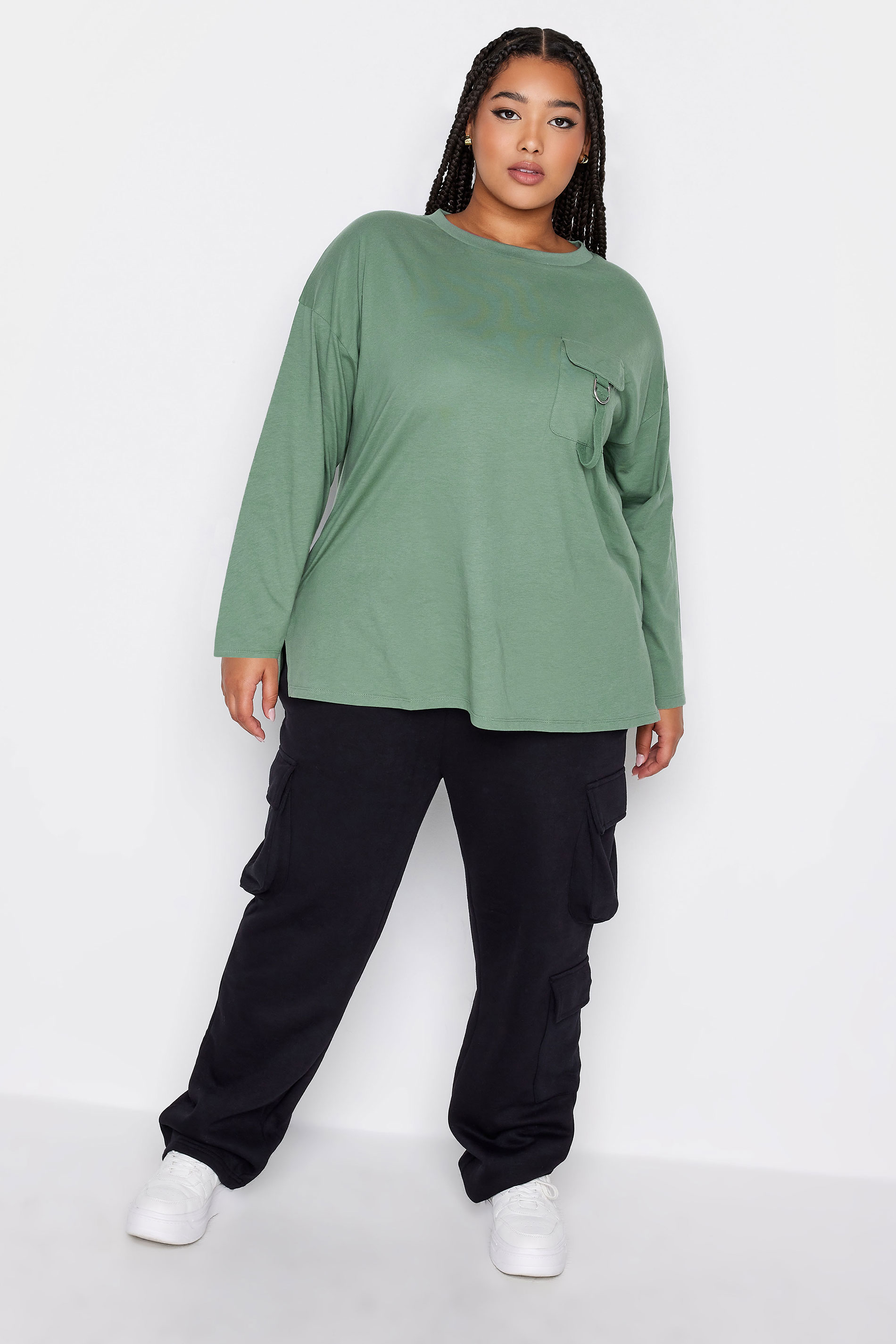LIMITED COLLECTION Plus Size Green Utility Pocket Long Sleeve T-Shirt | Yours Clothing 2
