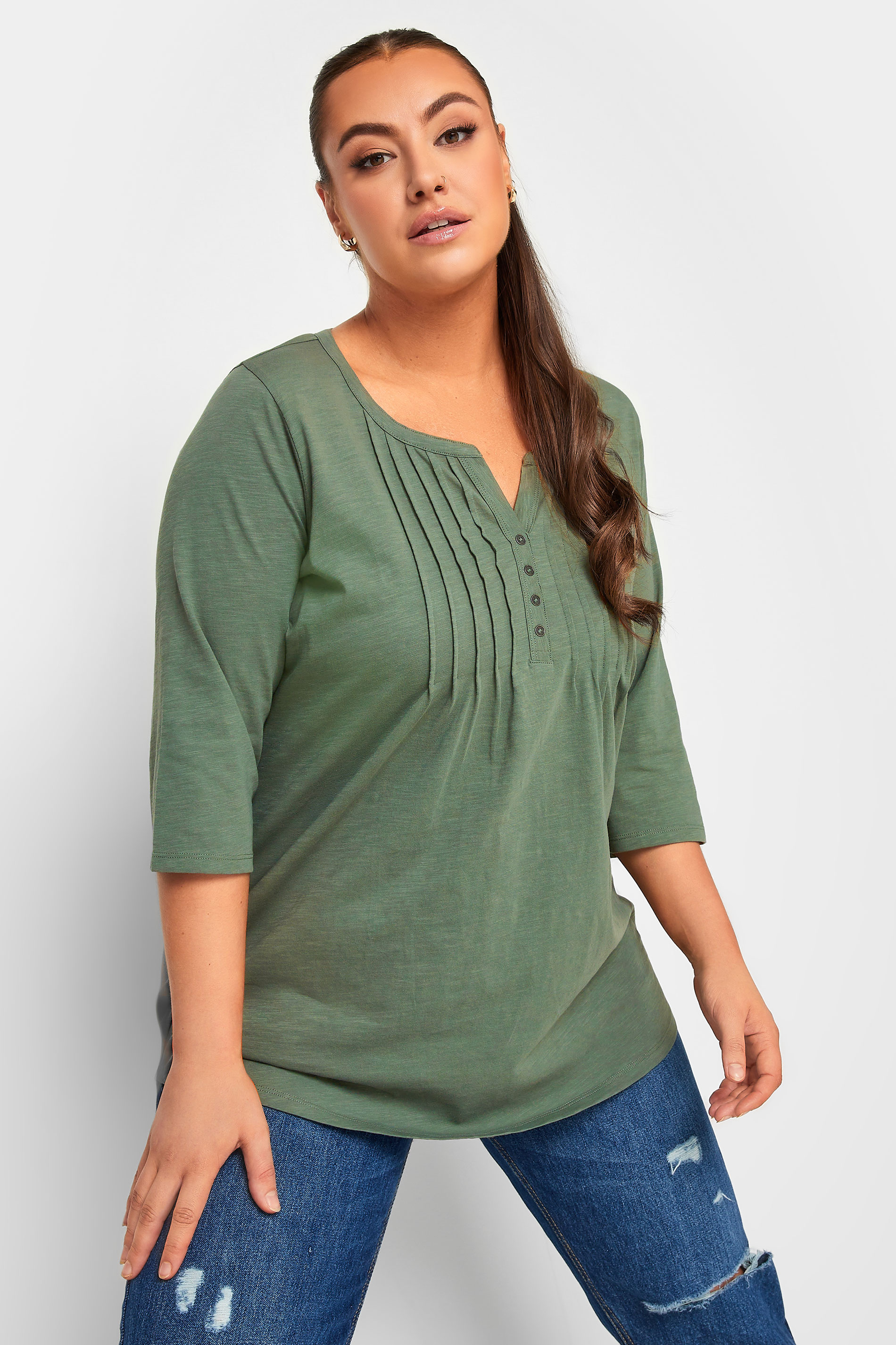 Plus Size YOURS Khaki Green Pintuck Button Henley T-Shirt | Yours Clothing 1