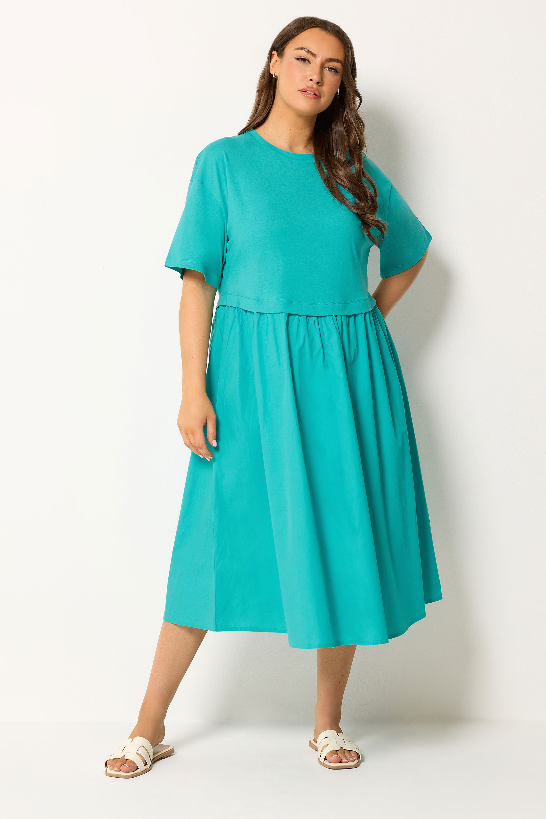 YOURS Plus Size Turquoise Blue Poplin T-Shirt Midi Dress | Yours Clothing 3