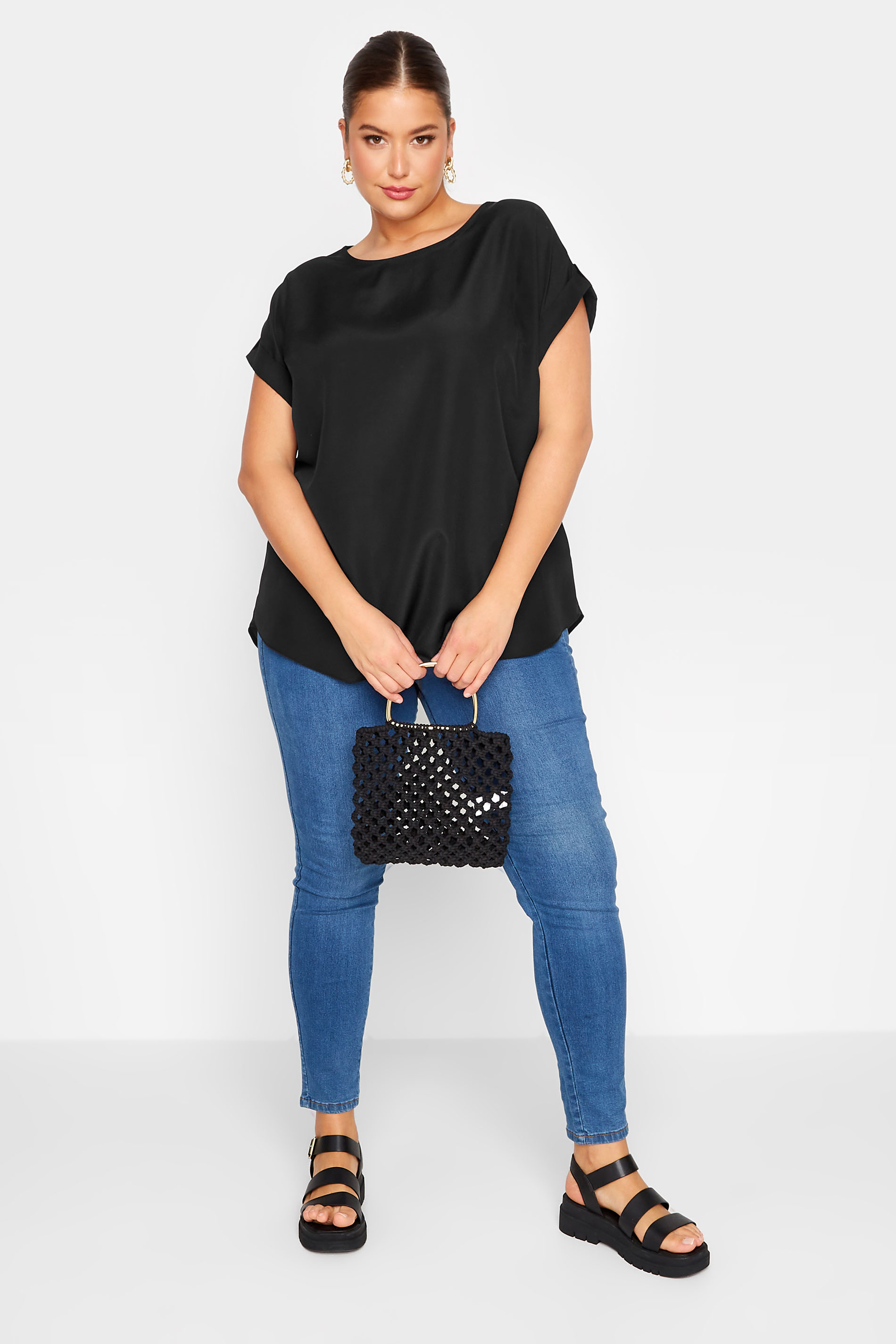 YOURS Plus Size Black Tab Short Sleeve Blouse | Yours Clothing 2
