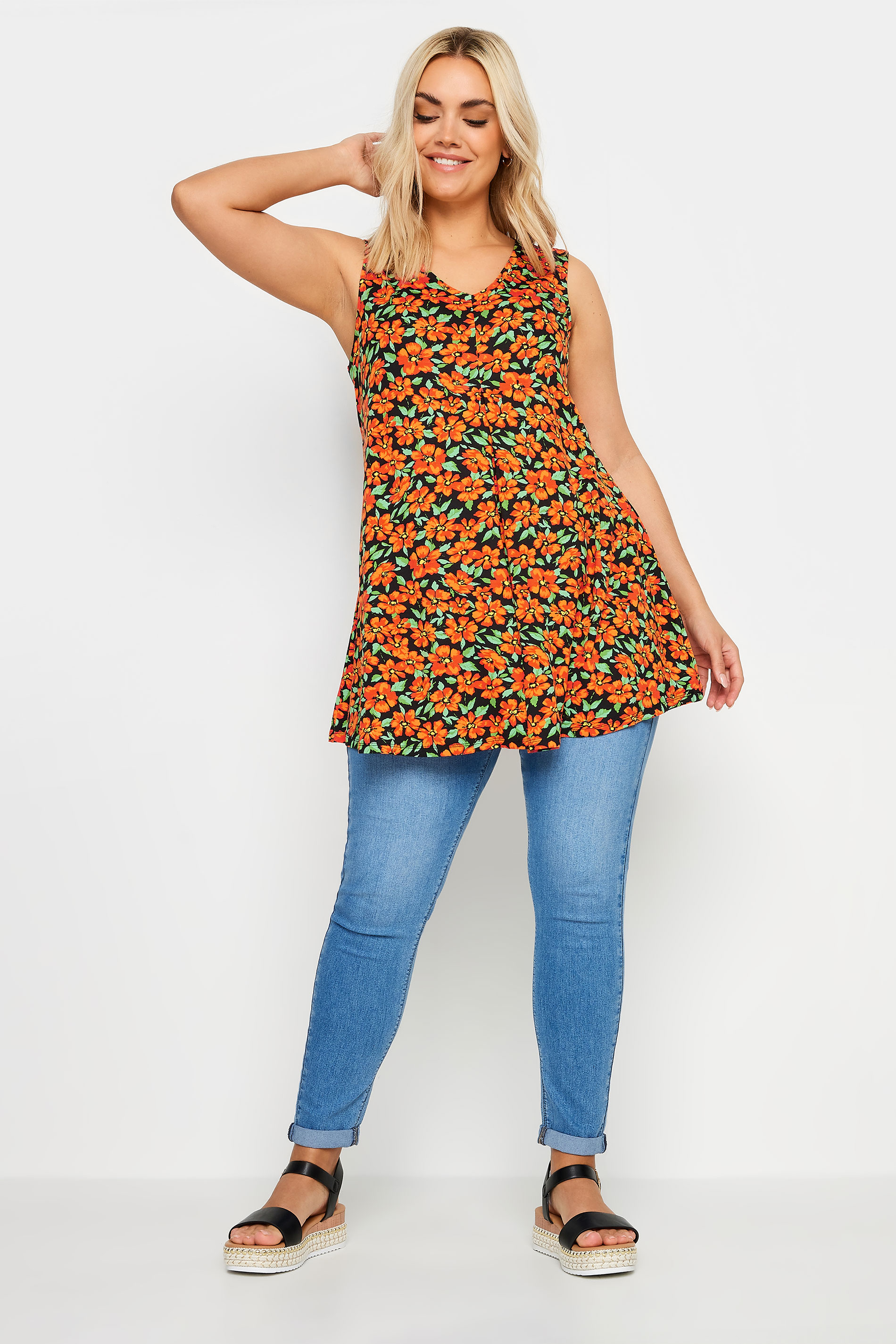 YOURS Plus Size Orange Floral Printed Vest Top | Yours Clothing 2