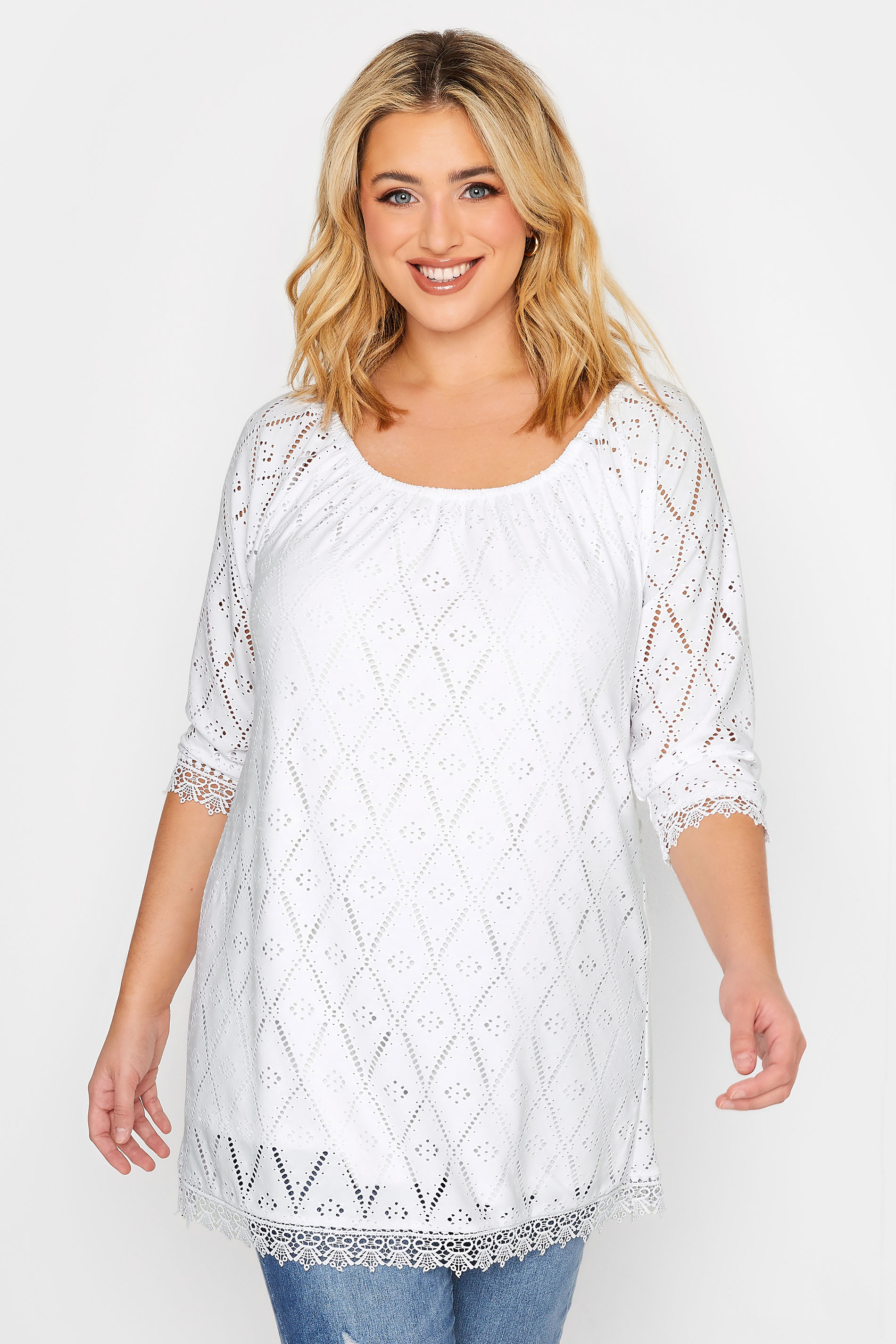 YOURS Plus Size White Pointelle Lace Trim Top | Yours Clothing 1