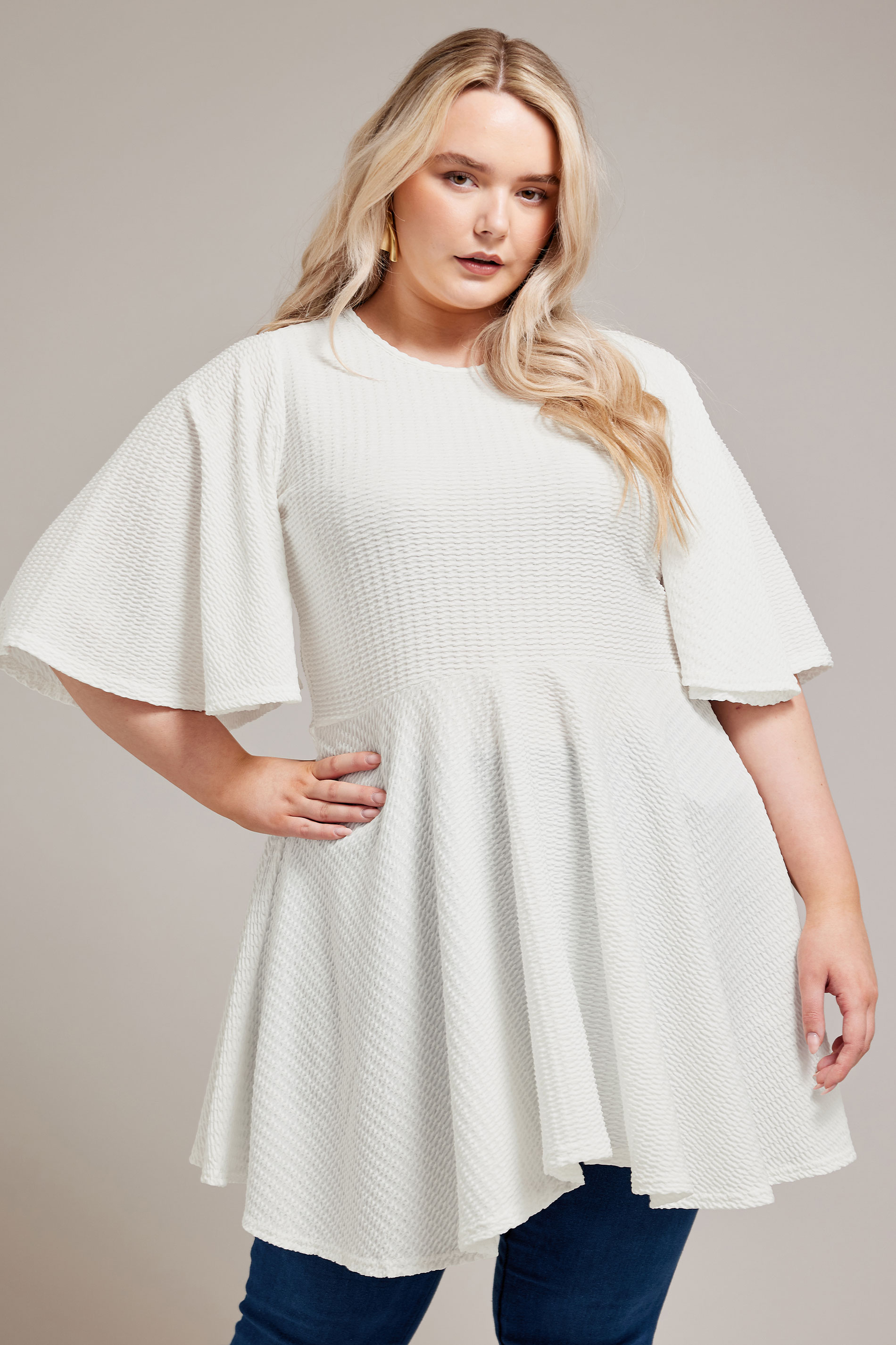 YOURS LONDON Plus Size White Angel Sleeve Jacquard Top | Yours Clothing 1