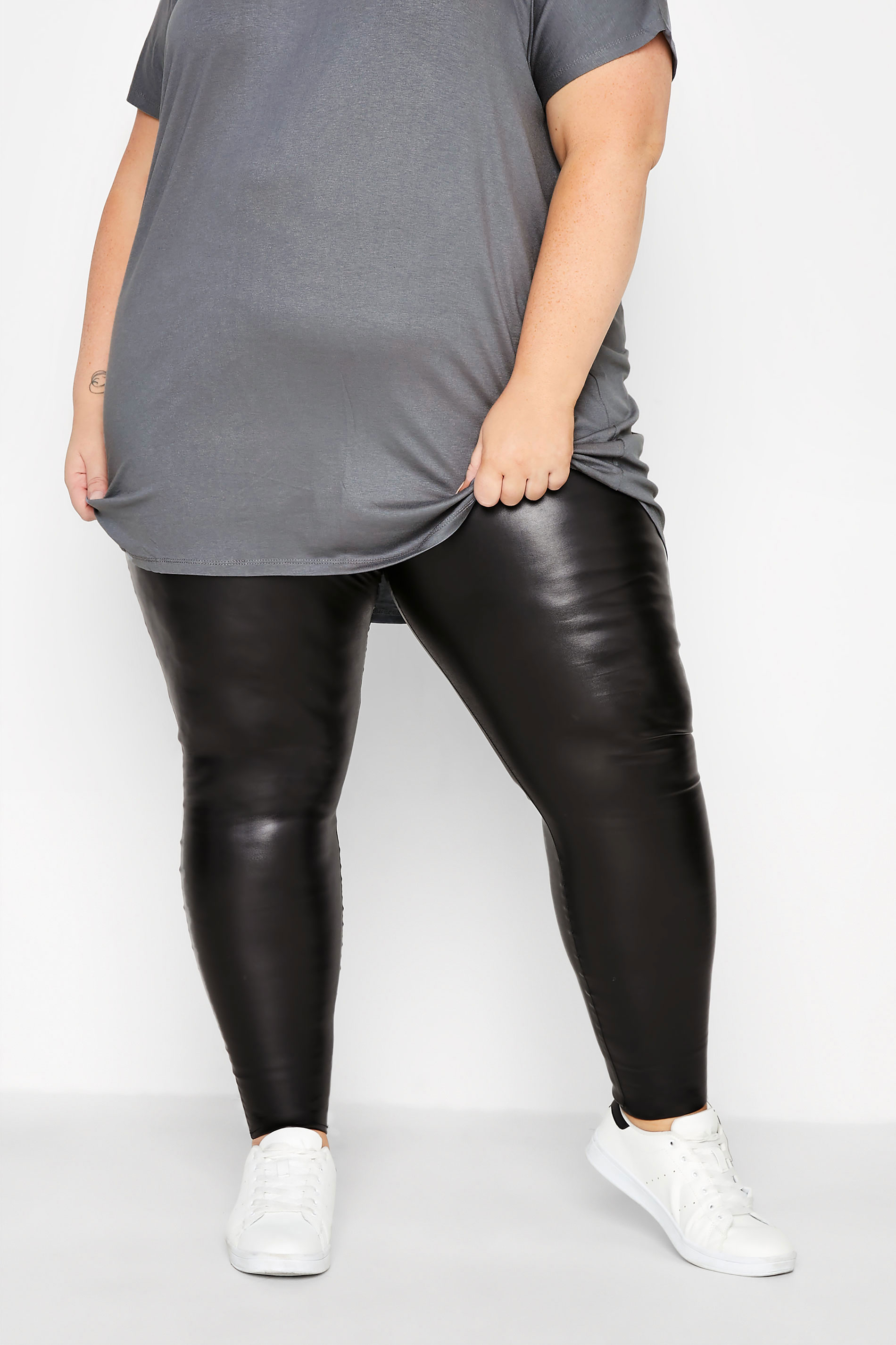 Plus Size Black Coated Leggings | Yours Clothing 1