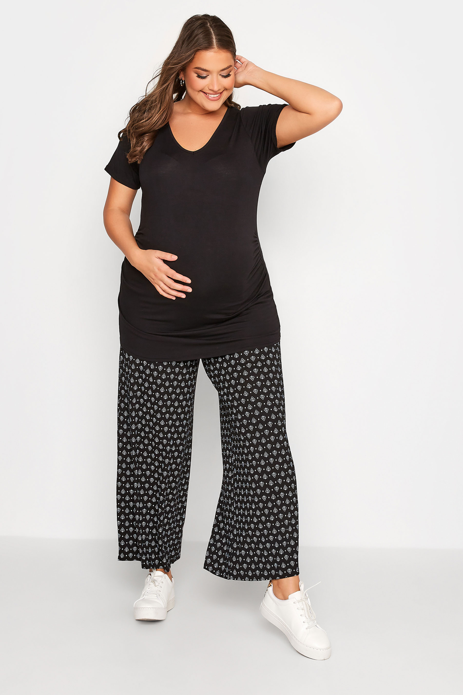 BUMP IT UP Maternity Plus-Size Curve Black Geometric Print Wide Leg Trousers | Yours Clothing  2