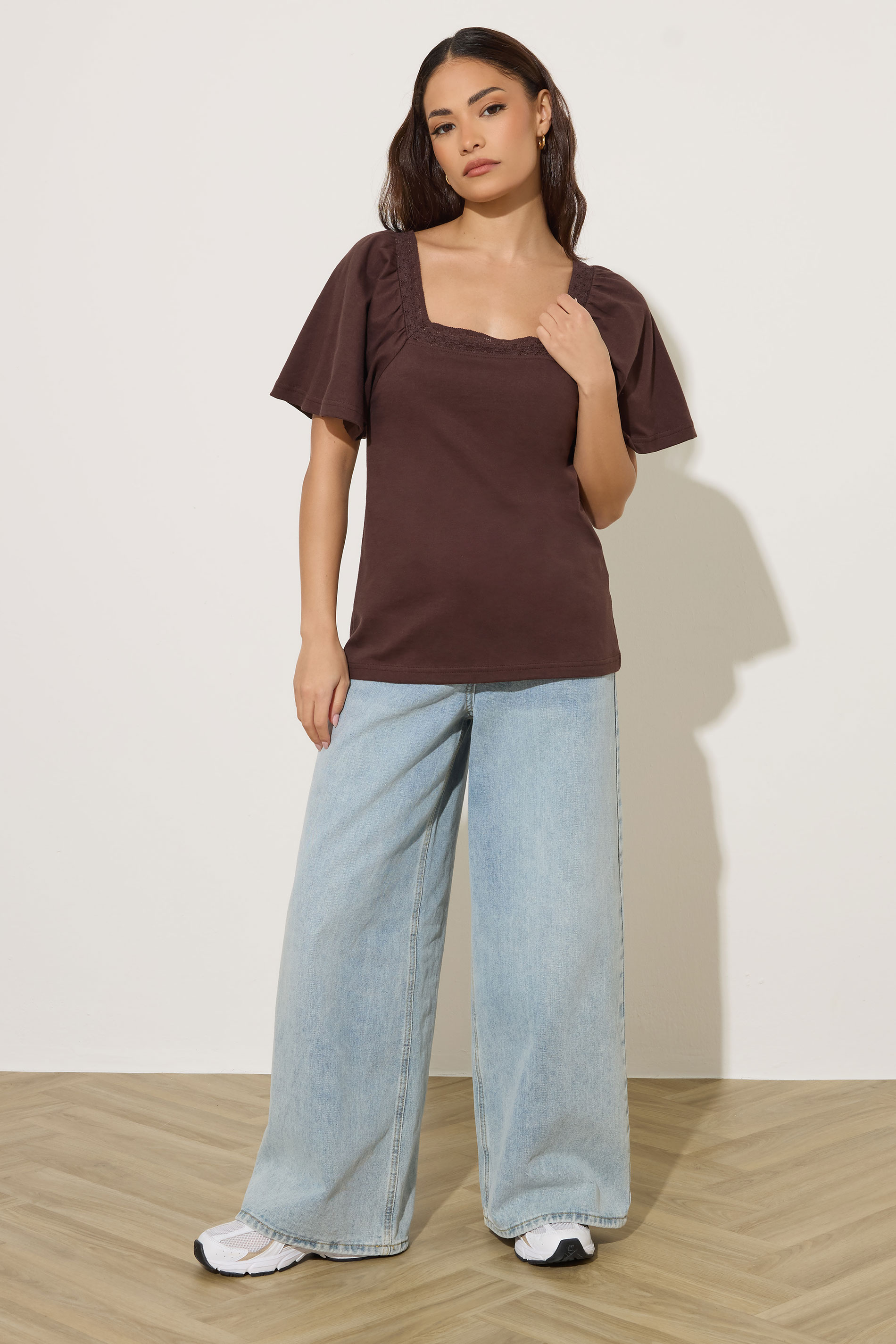 PixieGirl Petite Women's Chocolate Brown Crochet Trim Flutter Sleeve Cotton T-Shirt | PixieGirl 1