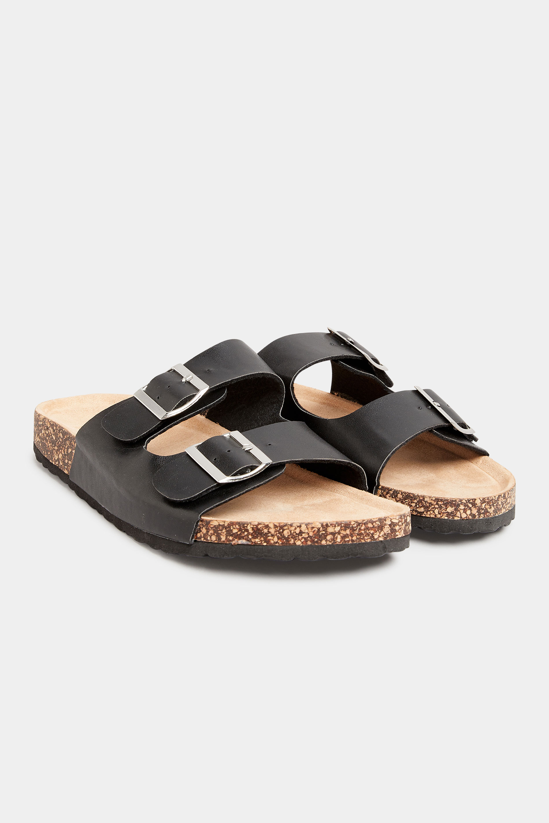 Womens Shoes Slides & Mules | LTS Black Buckle Strap Footbed Sandals In Standard D Fit - AU62201