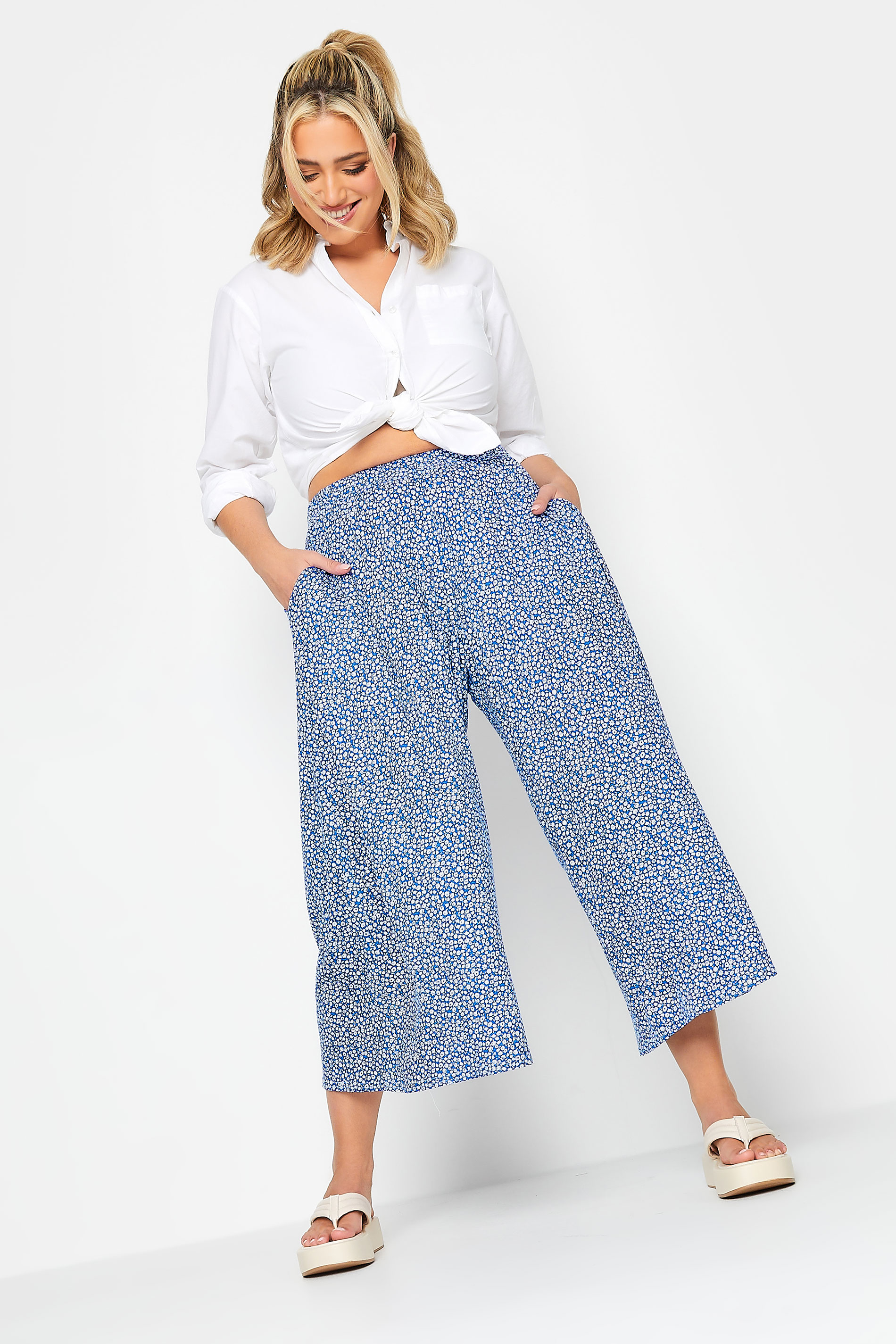 LIMITED COLLECTION Plus Size Blue Ditsy Print Extra Wide Leg Culottes | Yours Clothing  3