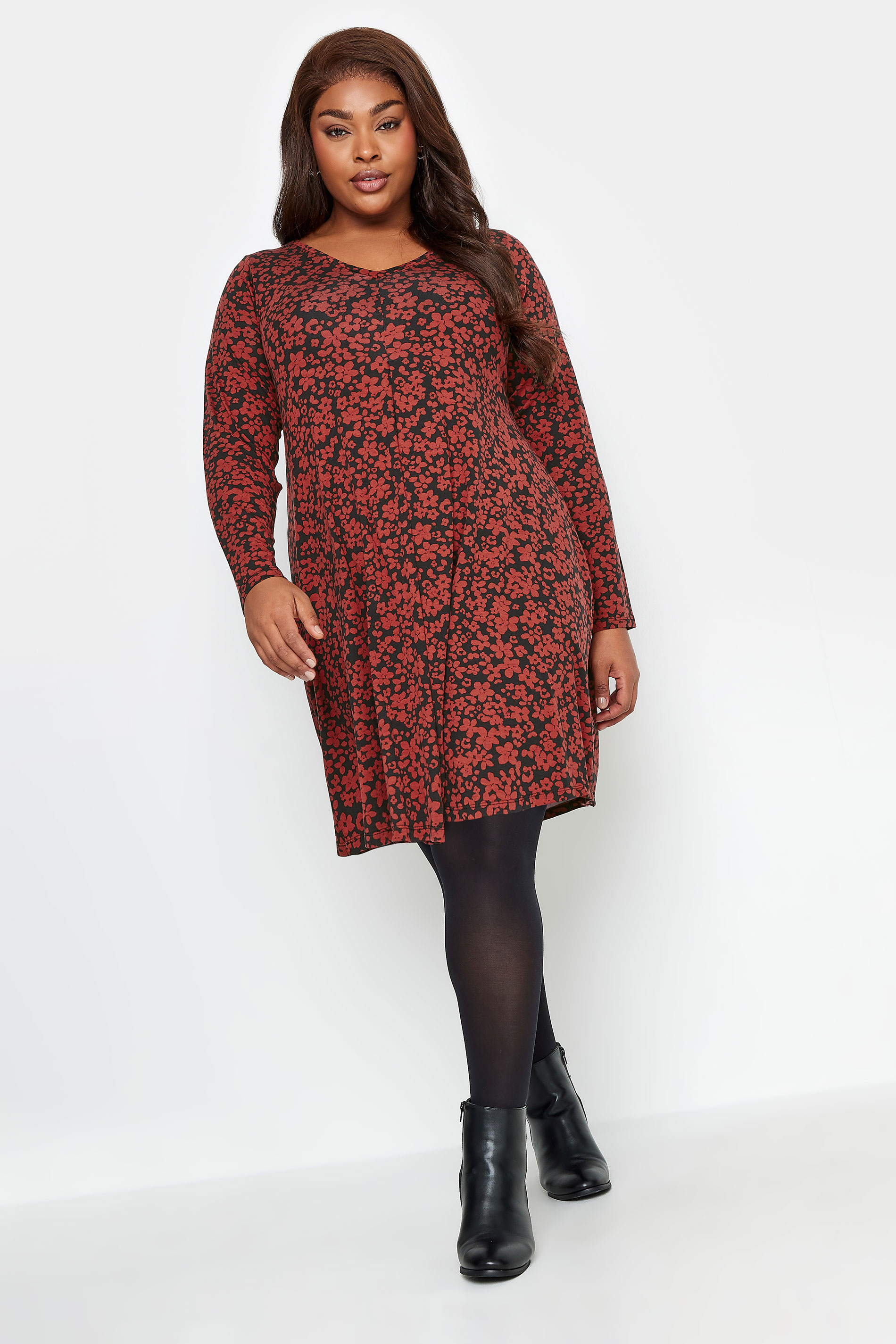 YOURS Curve Red and Black Floral Mini Dress | Yours Clothing 1