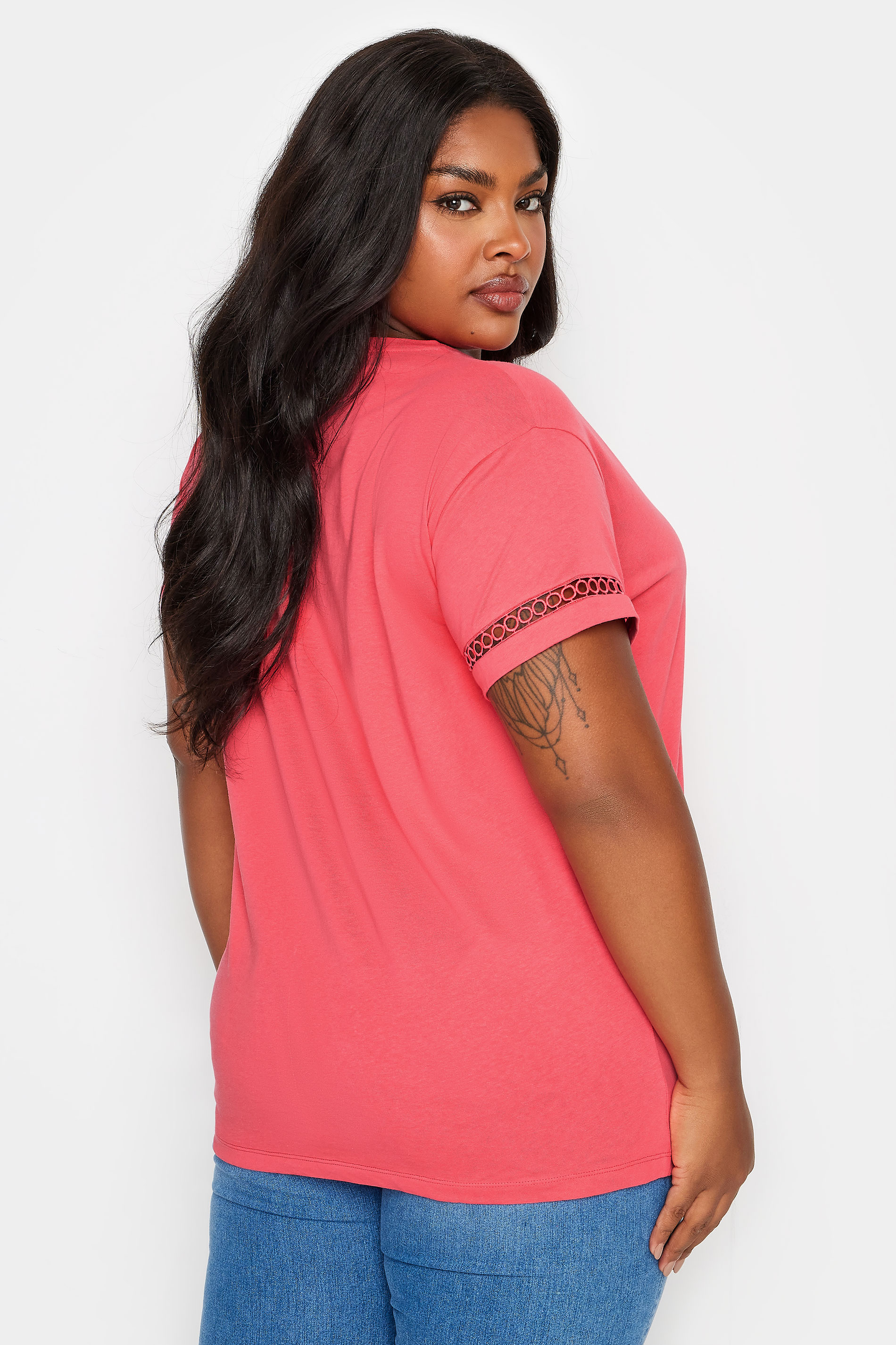LIMITED COLLECTION Plus Size Coral Pink Crochet Trim Short Sleeve T-Shirt | Yours Clothing 3
