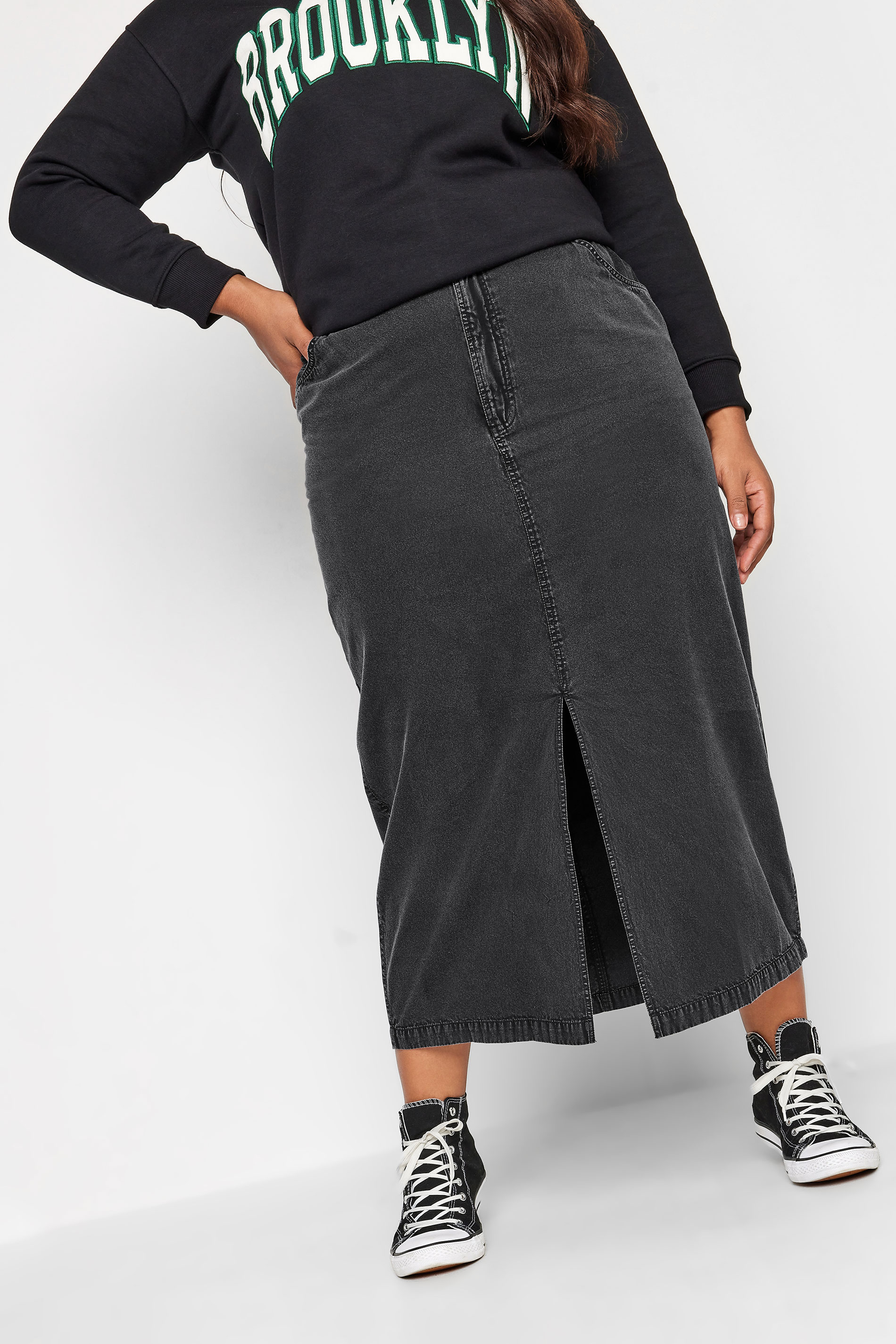 YOURS Curve Plus Size Black Acid Wash Midaxi Denim Skirt | Yours Clothing  1