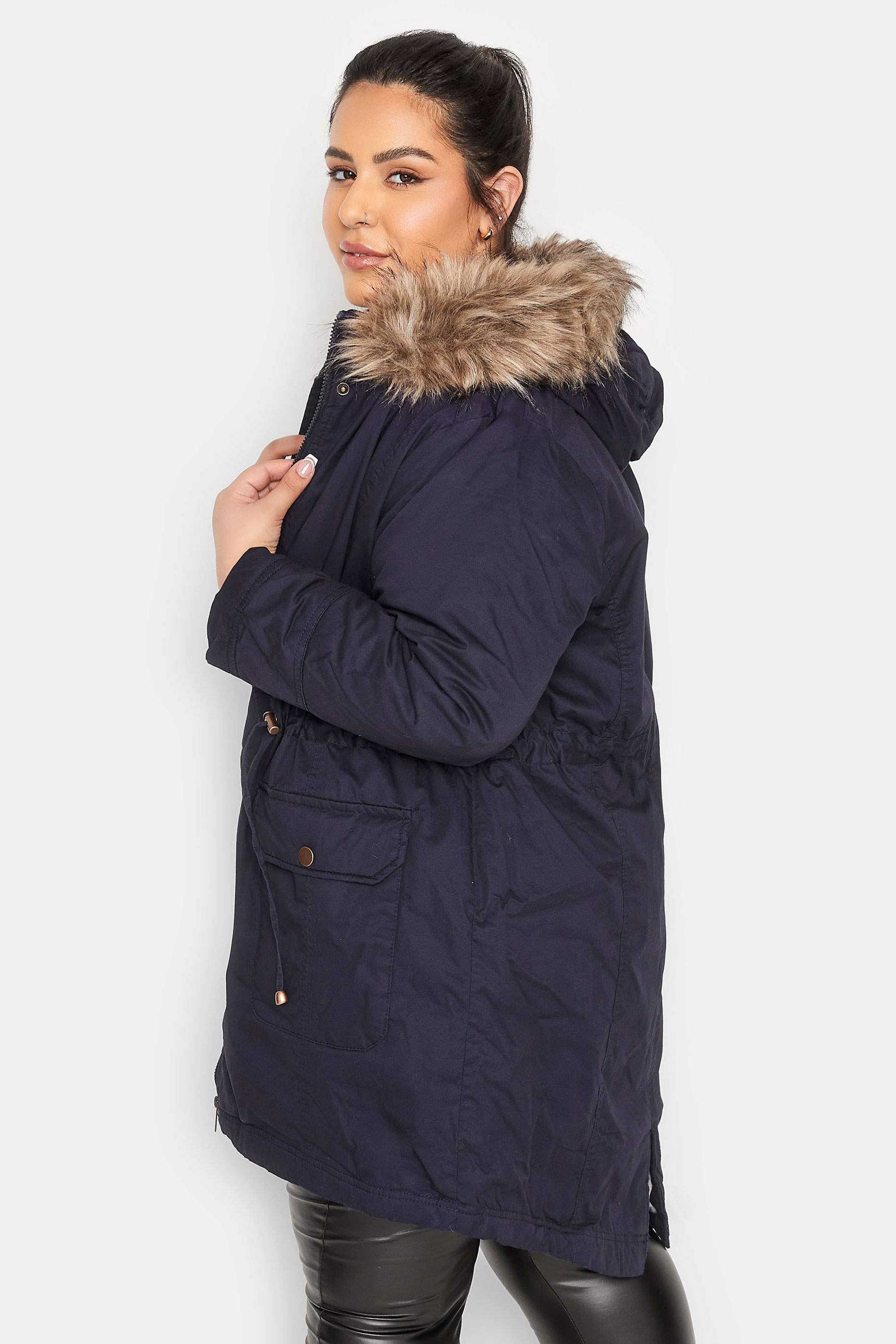 YOURS PETITE Plus Size Navy Blue Faux Fur Trim Hooded Parka Coat | Yours Clothing 3