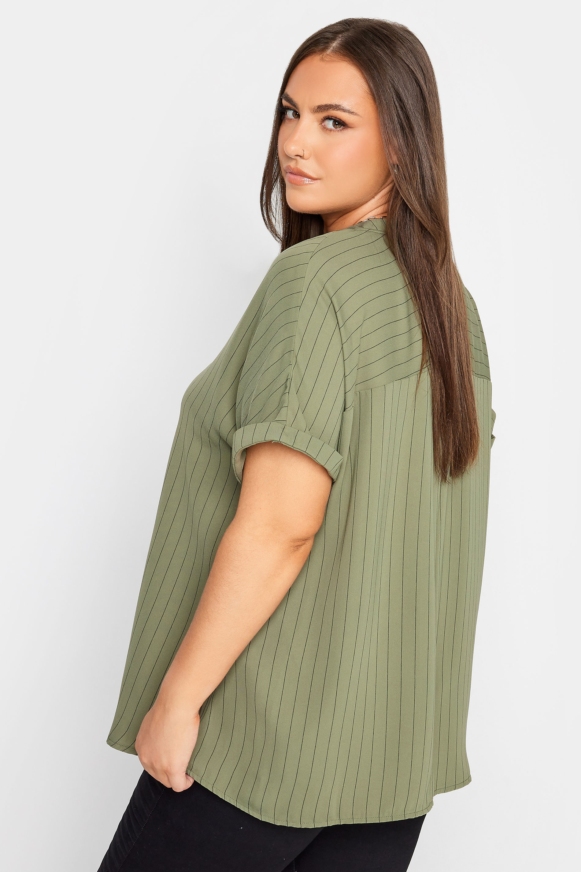 YOURS Curve Plus Size Khaki Green Half Placket Stripe Blouse | Yours Clothing  3