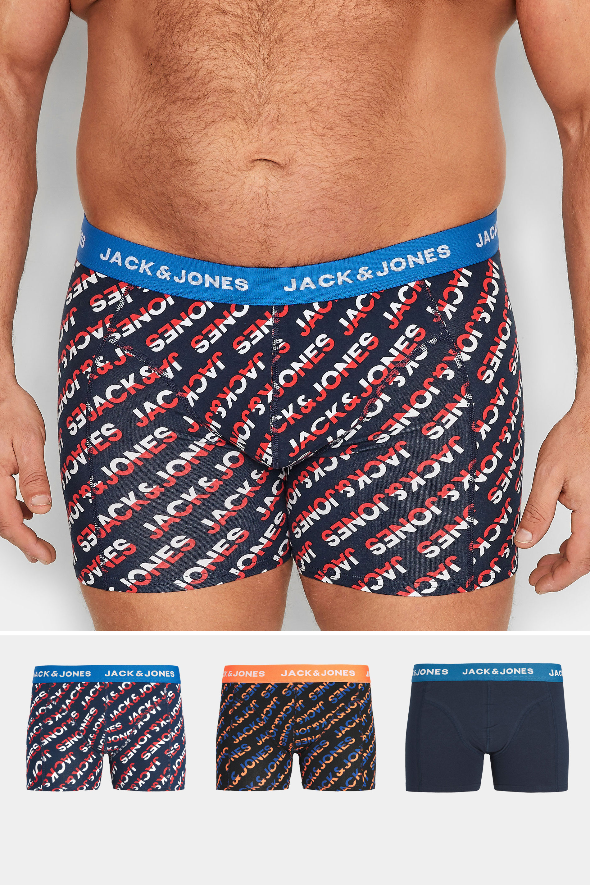 JACK & JONES Big & Tall 3 PACK Navy Blue Logo Printed Boxers | BadRhino 1