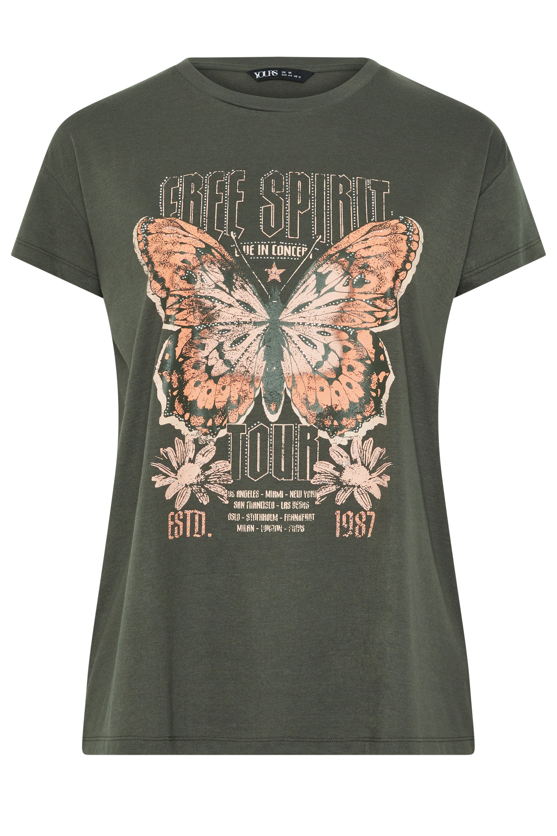 YOURS Plus Size Khaki Green 'Free Spirit' Butterfly Embellished T-Shirt | Yours Clothing 5