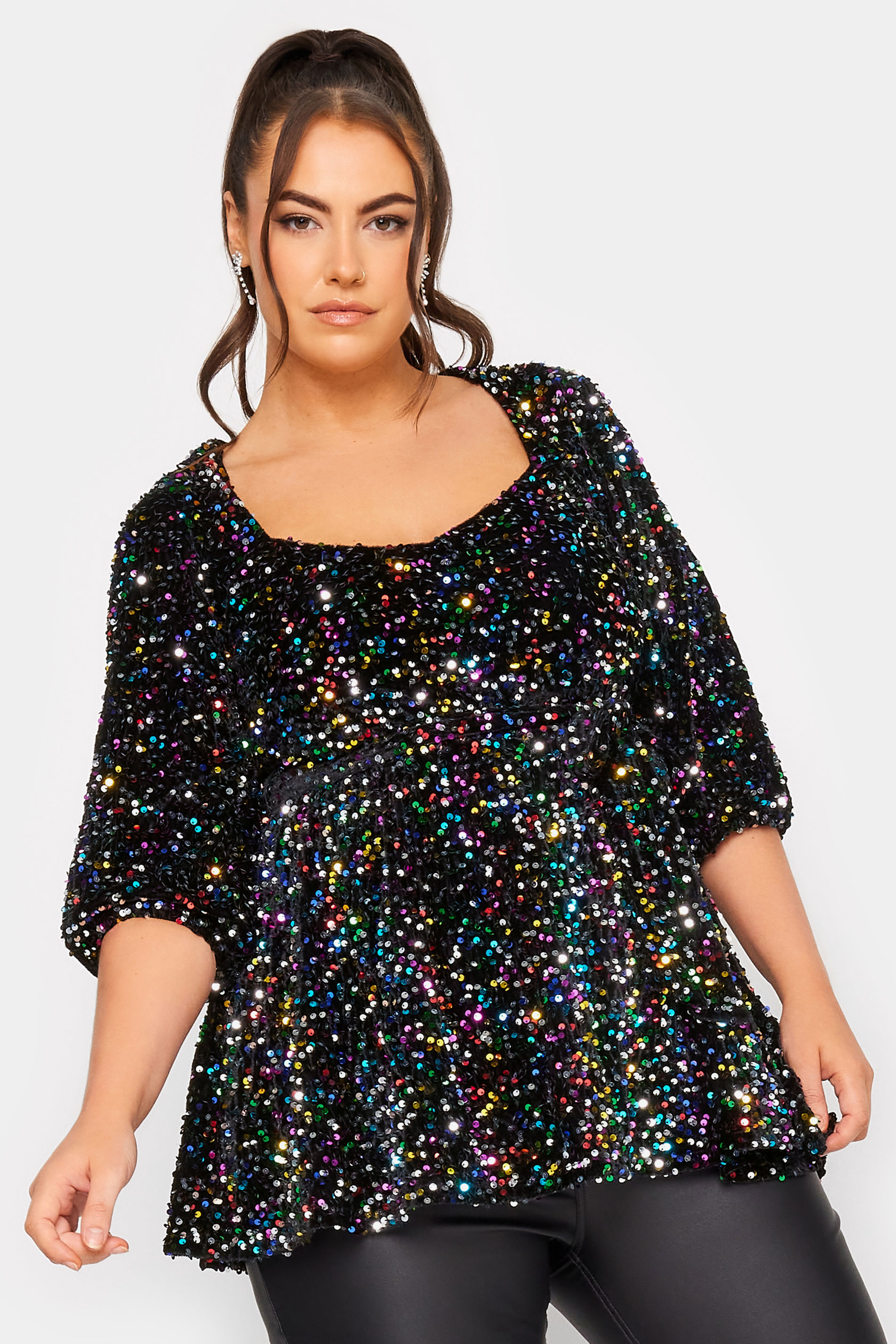 YOURS LONDON Plus Size Black Velvet Sequin Sweetheart Top | Yours Clothing