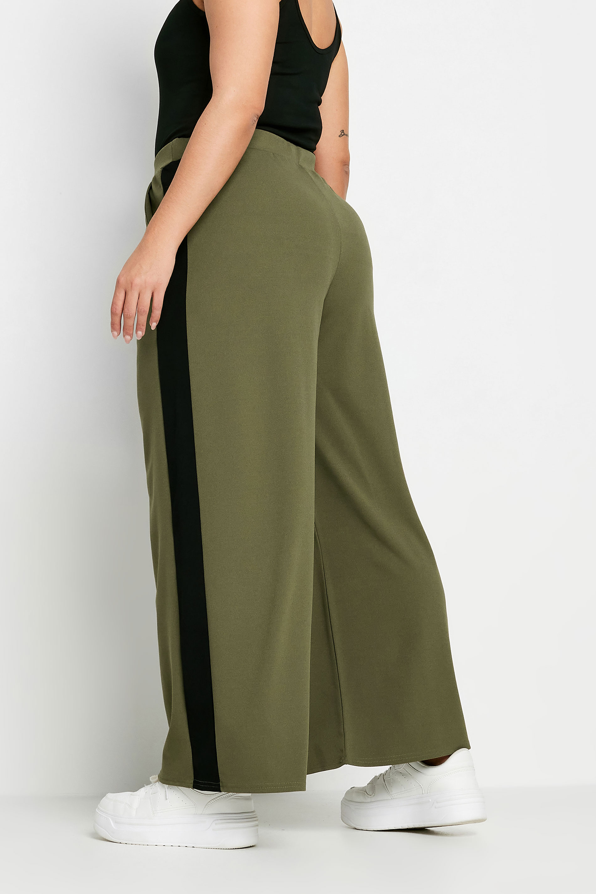 YOURS Plus Size Khaki Green Side Stripe Wide Leg Trousers | Yours Clothing 3