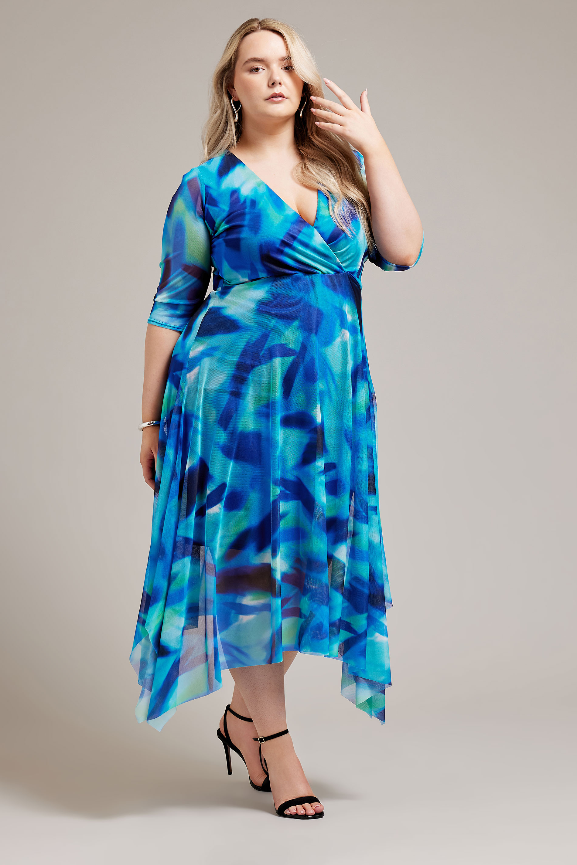 YOURS LONDON Plus Size Blue Abstract Print Wrap Dress | Yours Clothing 1