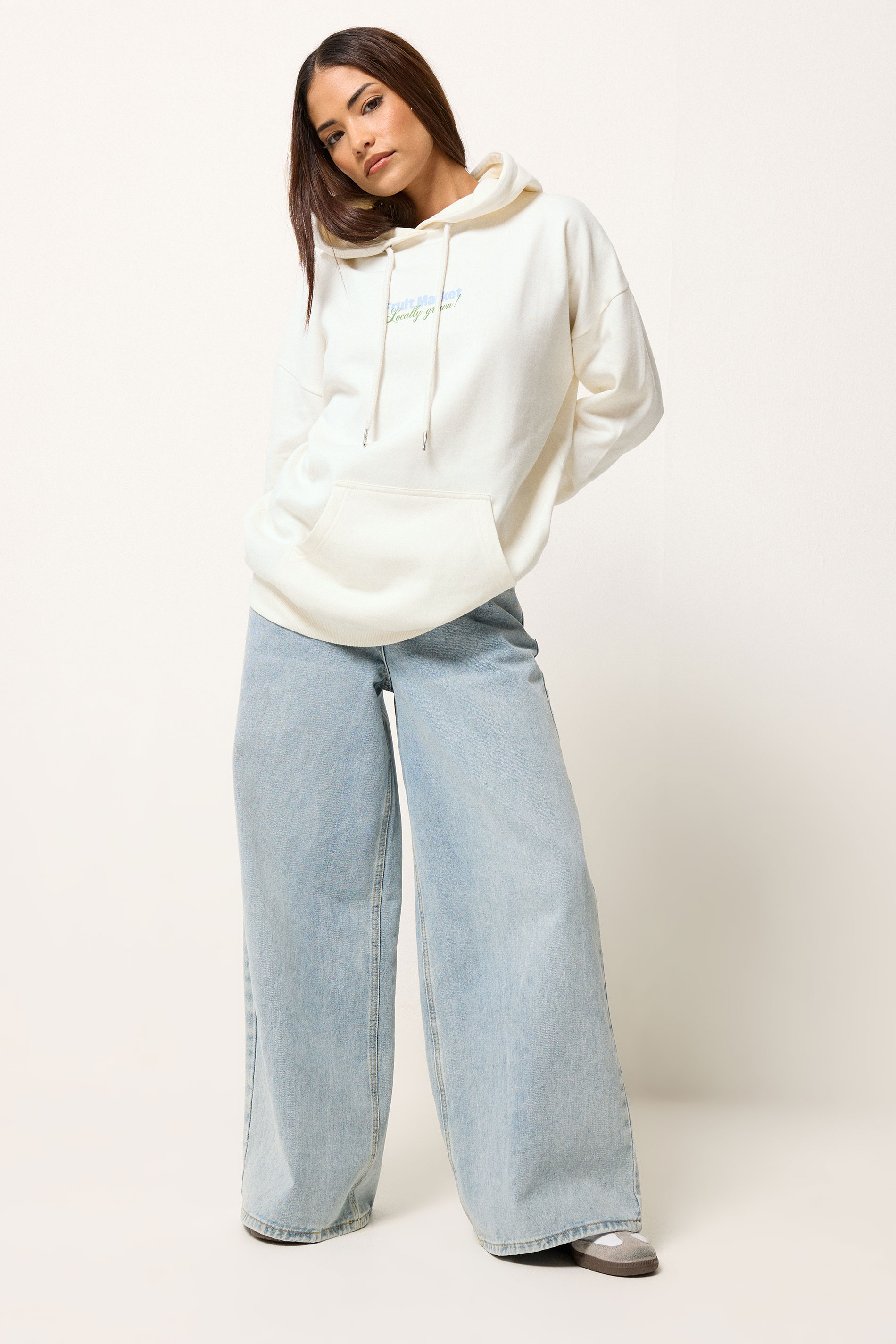 PixieGirl Petite Women's Ivory White 'Fruit Market' Slogan Oversized Hoodie | PixieGirl 2