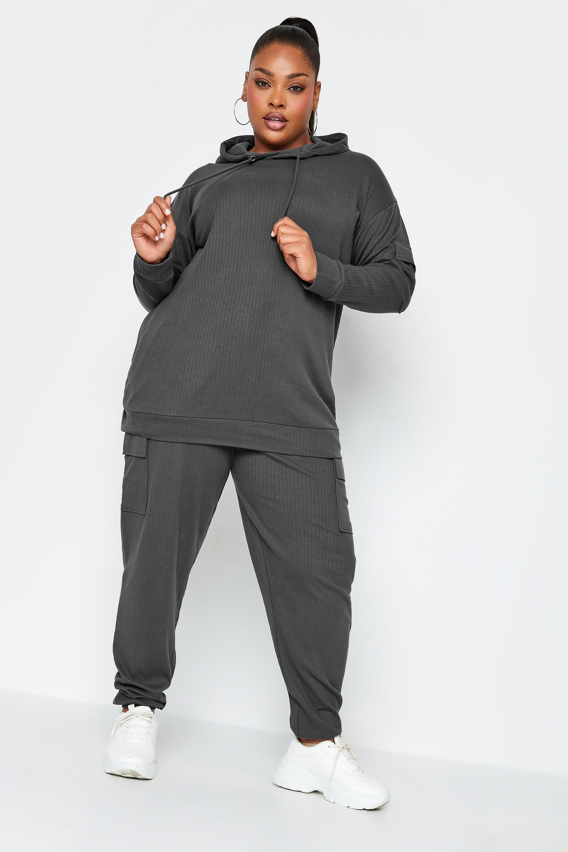 YOURS Plus Size Charcoal Grey Ribbed Cargo Hoodie | Yours Clothing 2