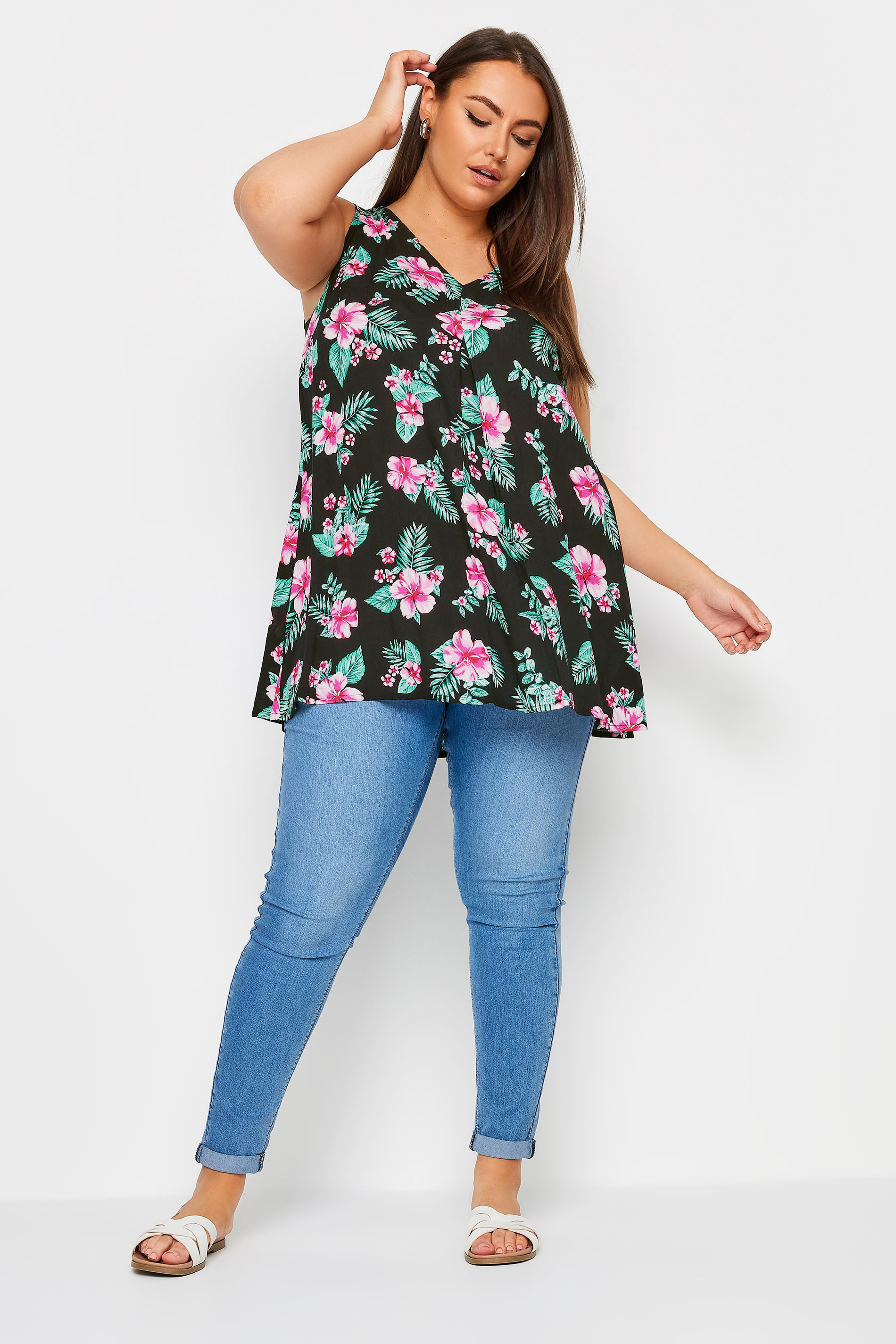 YOURS Plus Size Black Tropical Print Sleeveless Blouse | Yours Clothing 2