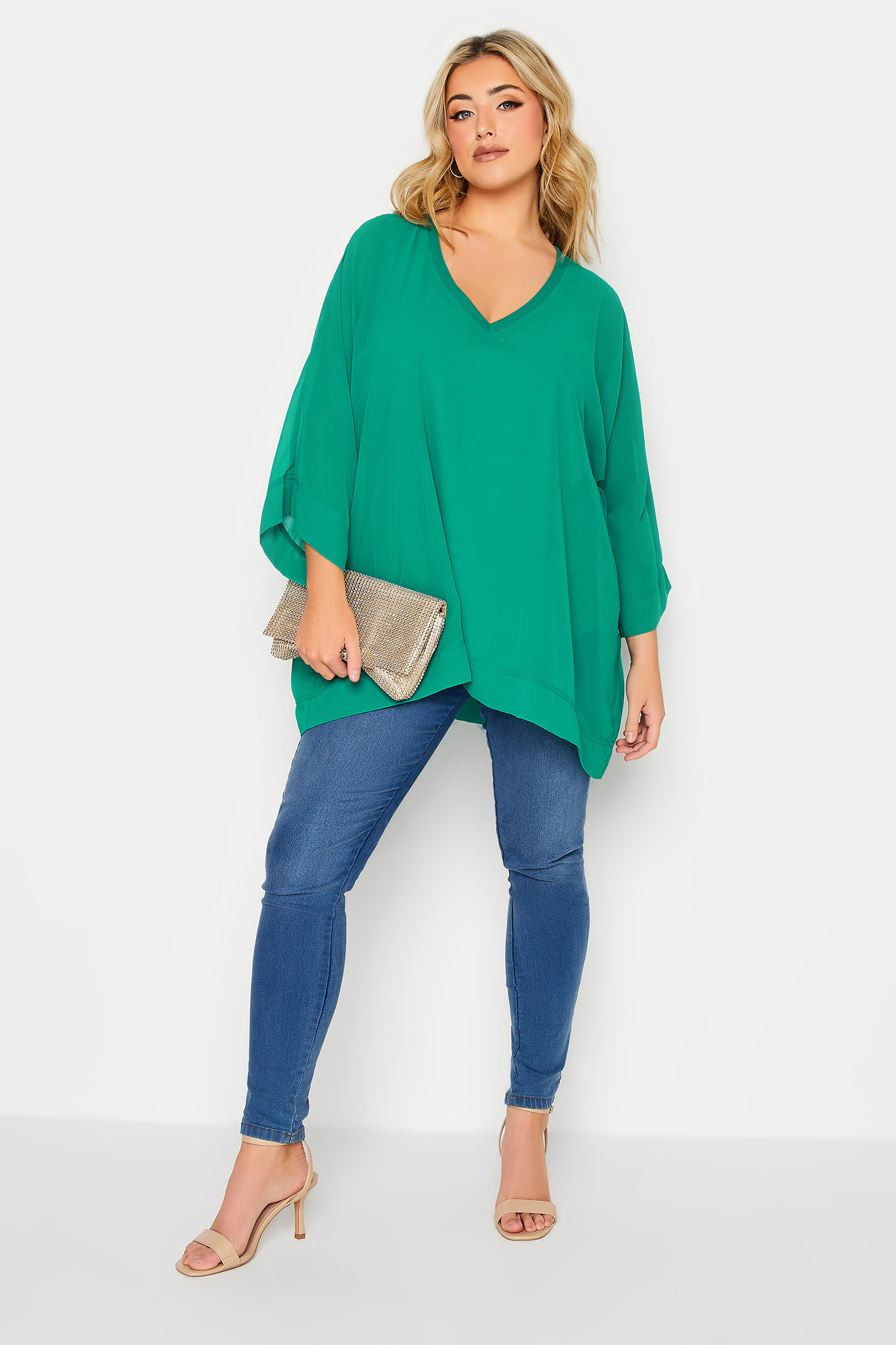 YOURS LONDON Plus Size Curve Dark Green Chiffon Cape Blouse | Yours Clothing  2