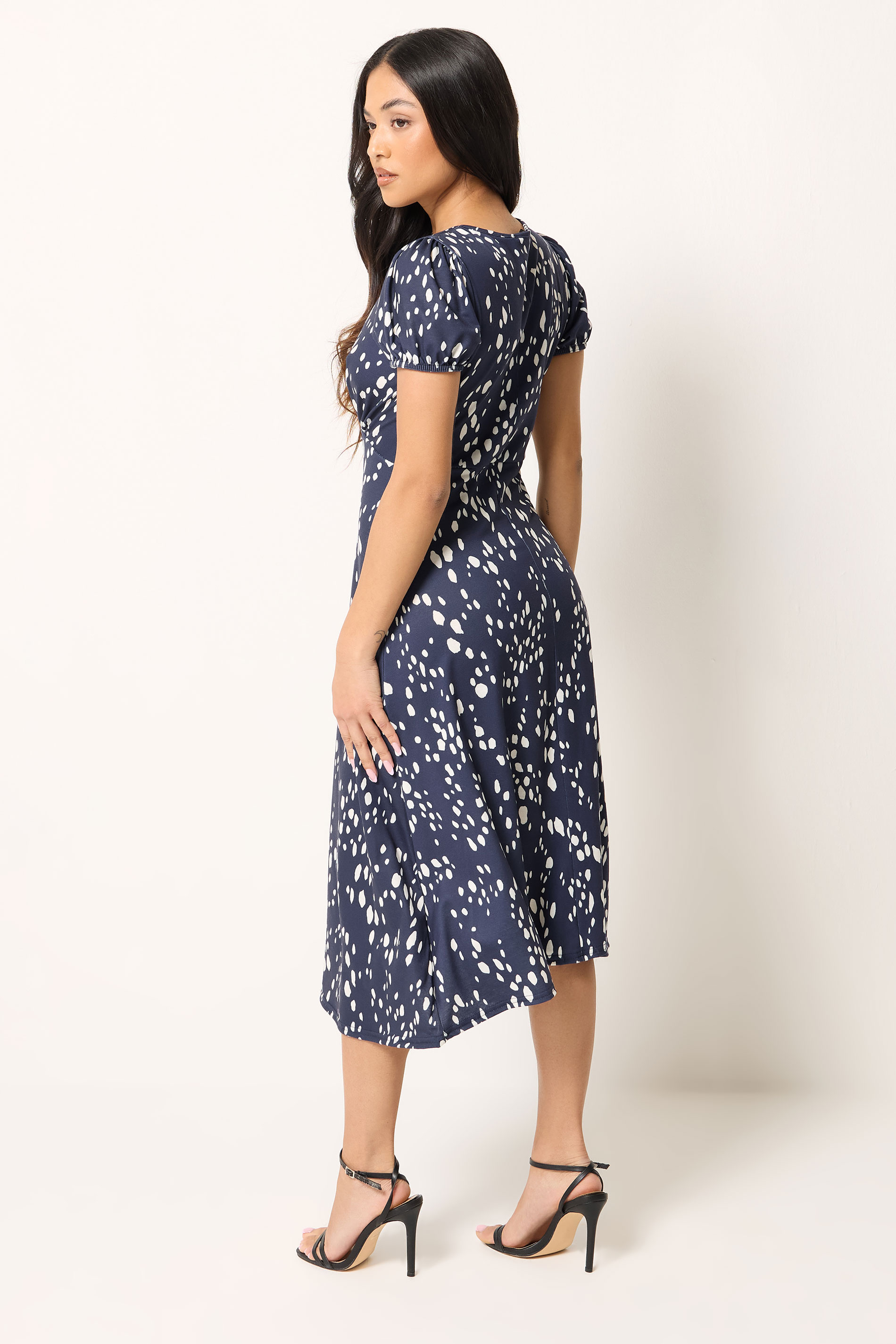 PixieGirl Petite Navy Blue Spot Print Midi Dress | PixieGirl 2