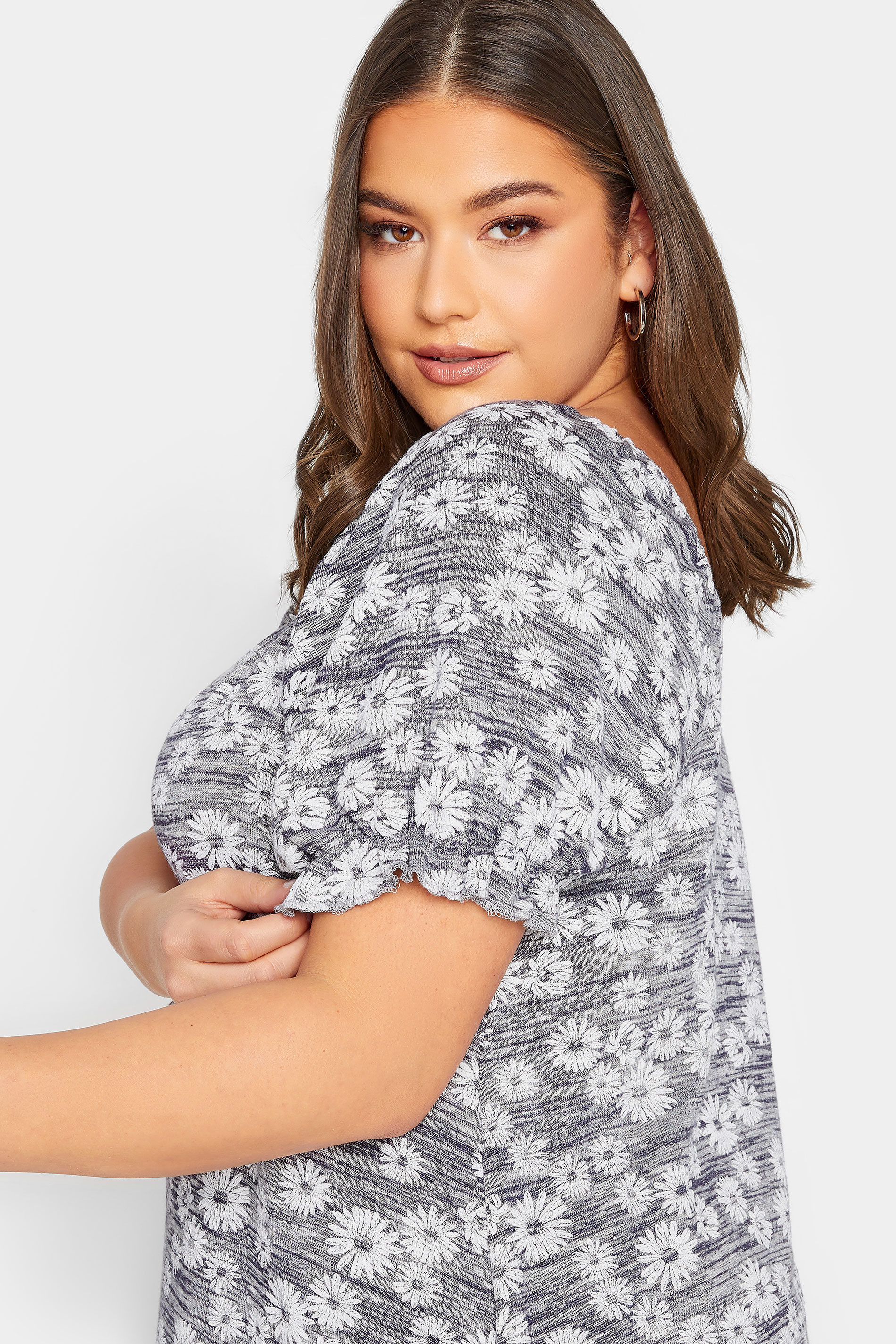 YOURS Plus Size Grey Marl Ditsy Floral Top
