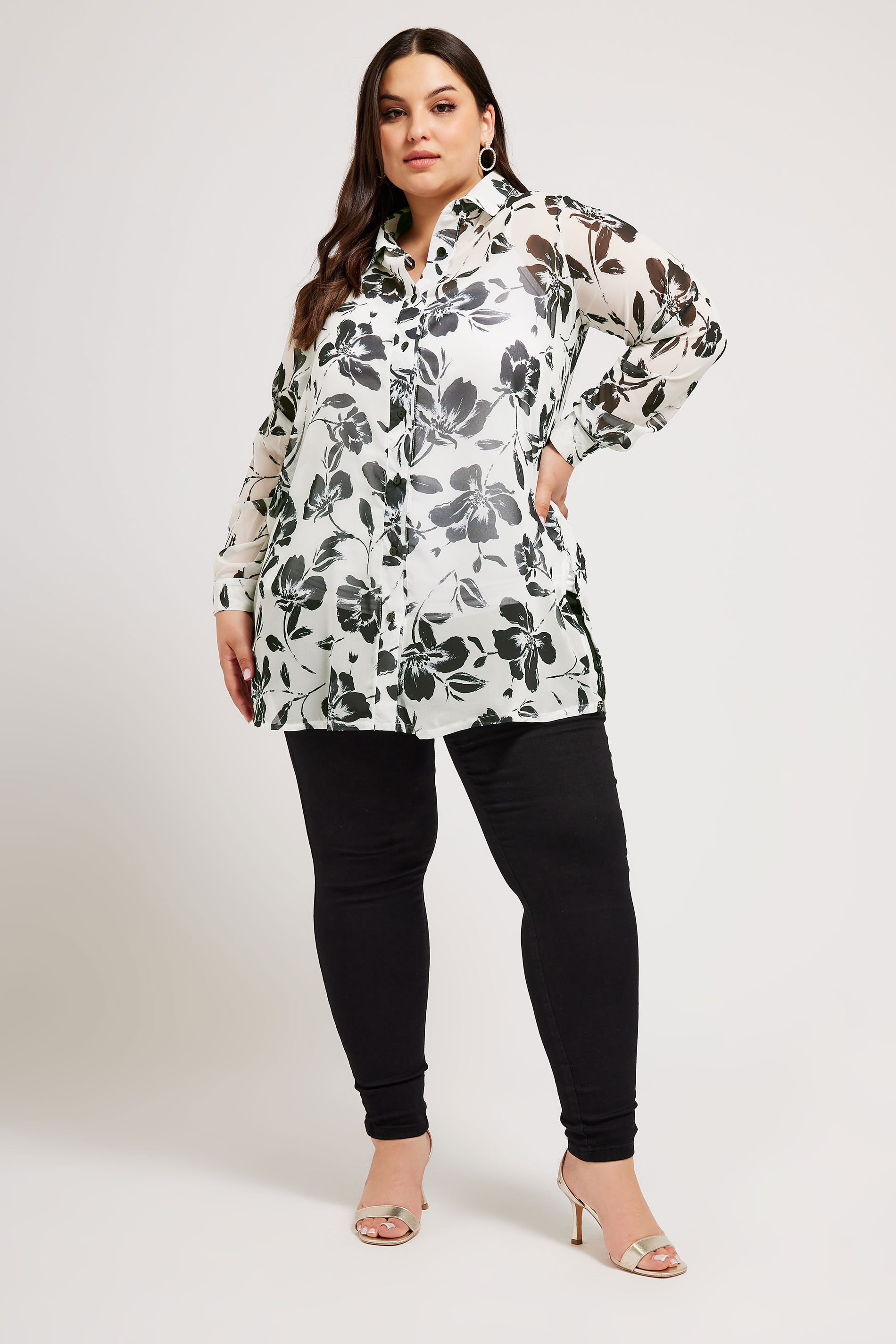 YOURS LONDON Plus Size Ivory White & Black Floral Boyfriend Shirt | Yours Clothing 2